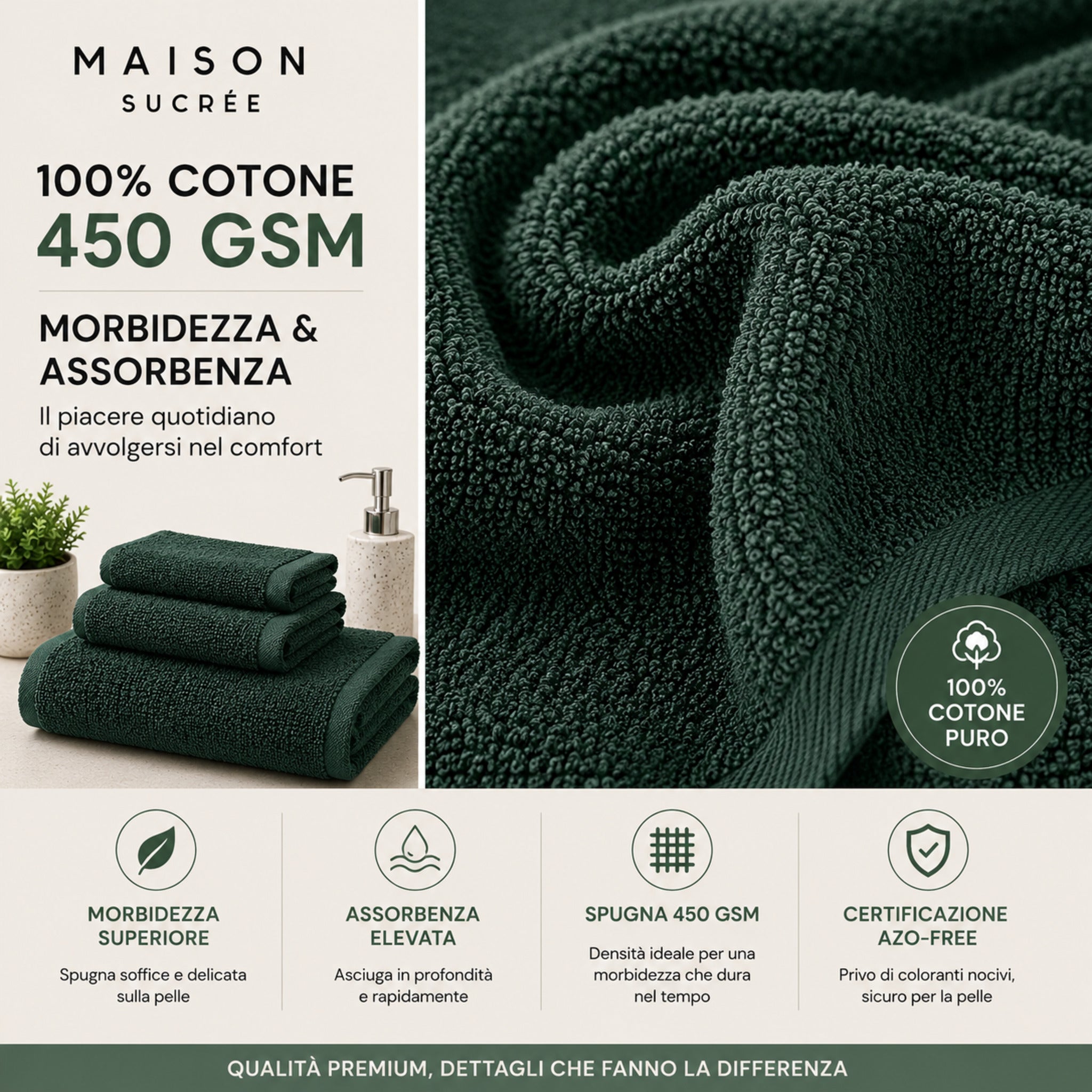 Dettaglio spugna 100% cotone 450 GSM del set asciugamani Maison Sucrée Pepe cioccolato verde