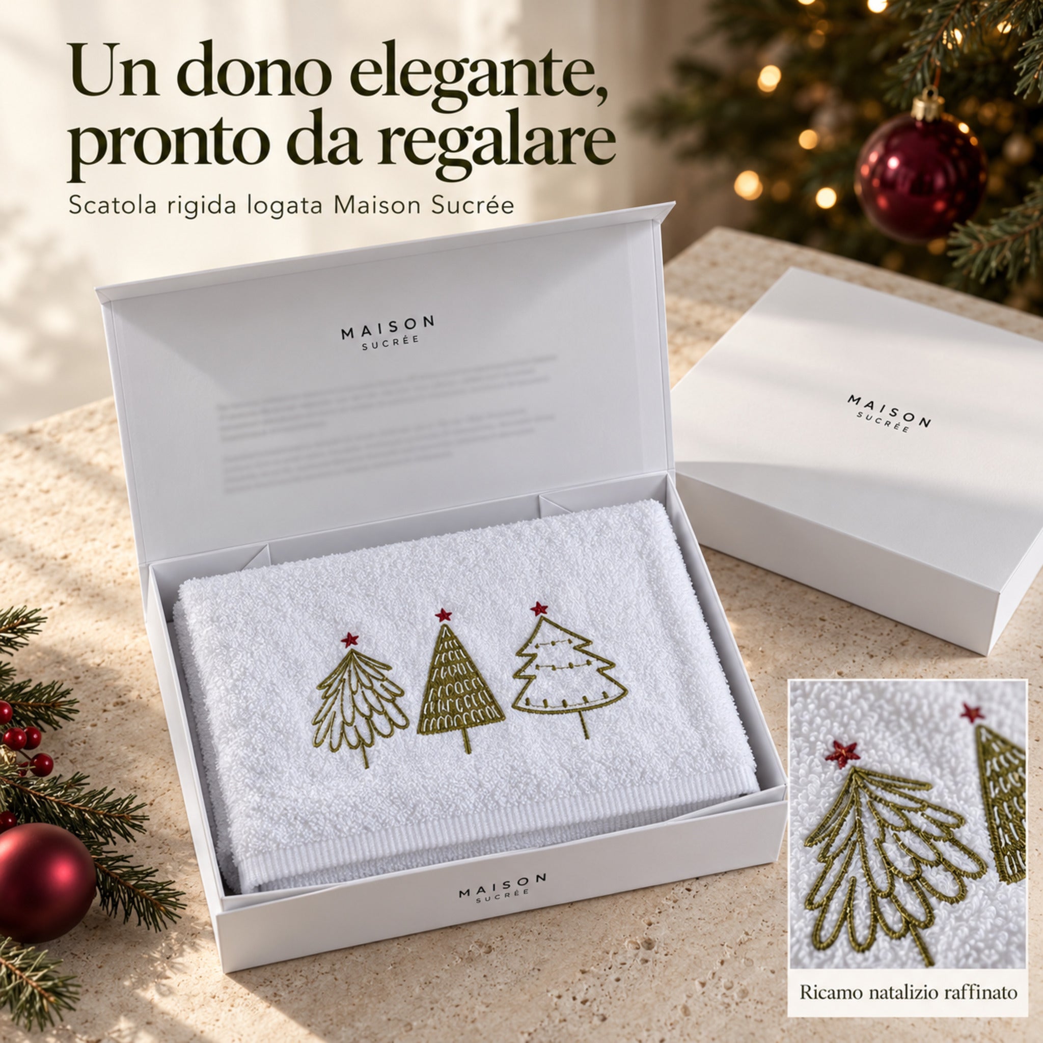 Asciugamani natalizi bianchi Maison Sucrée nella scatola regalo rigida aperta, con dettaglio degli alberelli ricamati.