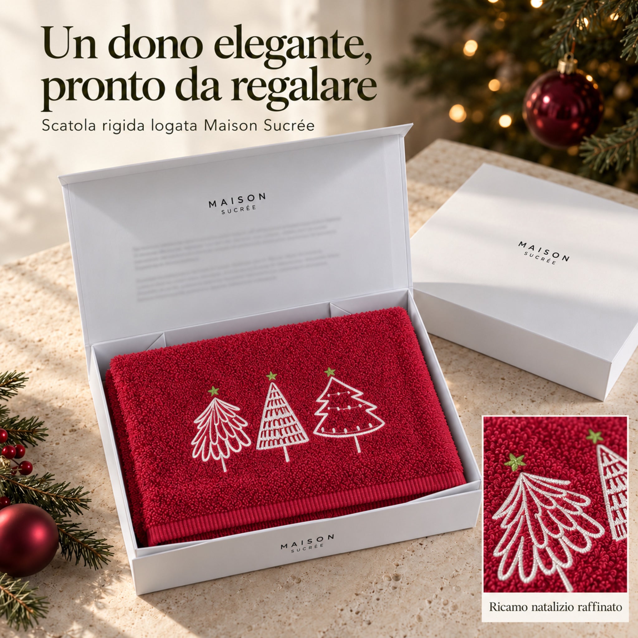 Asciugamani natalizi rossi Maison Sucrée nella scatola rigida logata, con ingrandimento del ricamo a forma di albero.