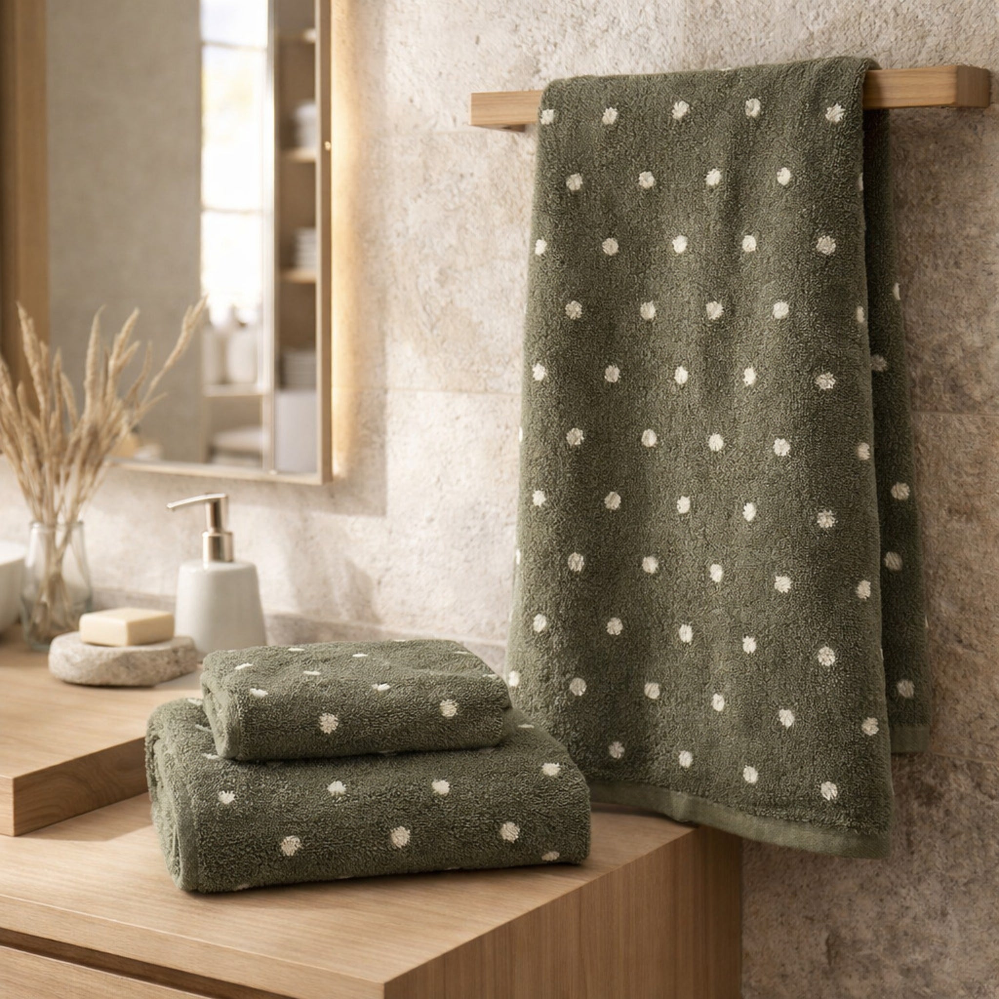Asciugamani salvia con pois in bagno moderno elegante