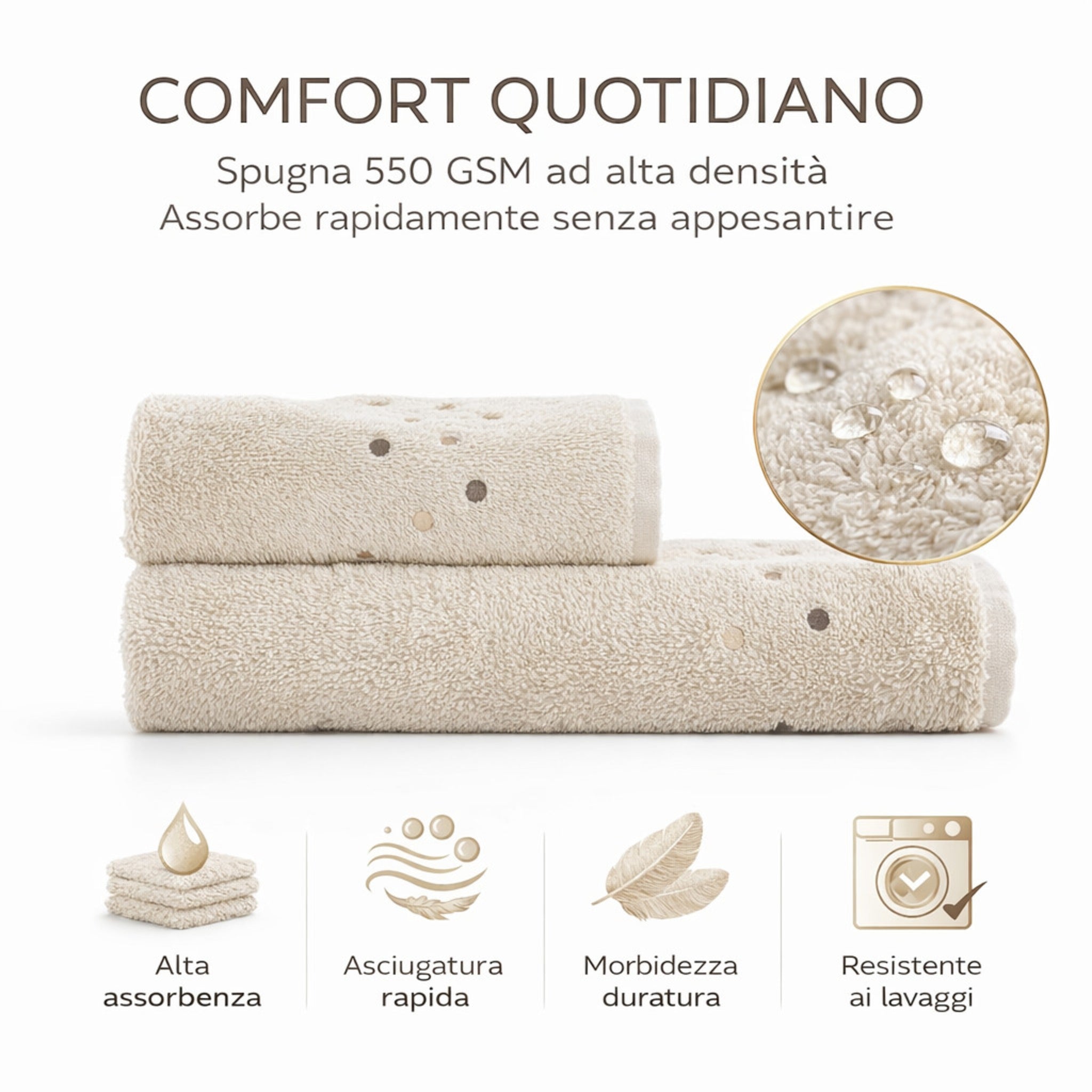 Dettaglio pois ricamati asciugamani cotone beige