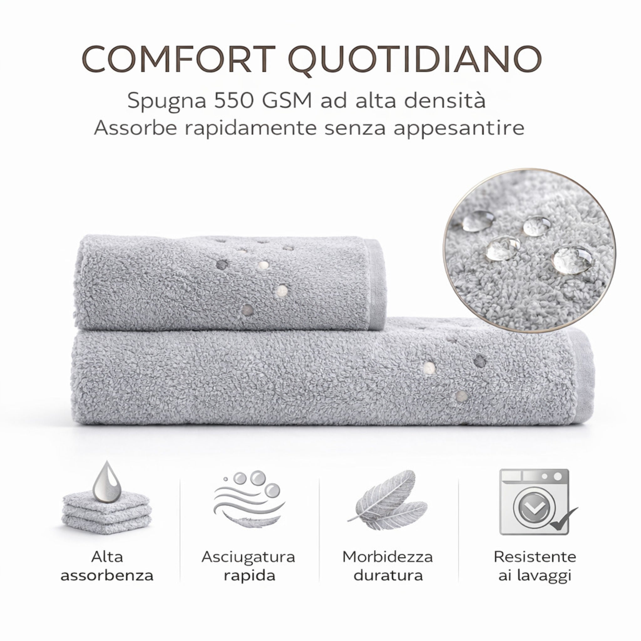 Dettaglio pois ricamati asciugamani cotone grigio