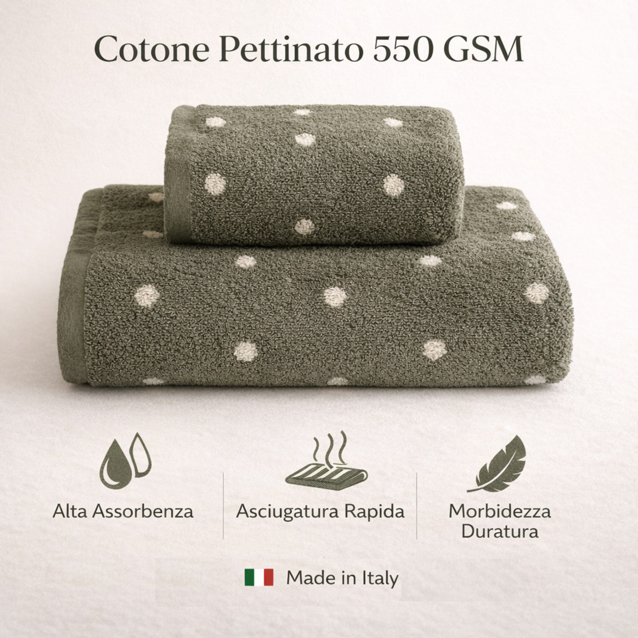 Asciugamani bagno pois salvia alta assorbenza cotone pettinato