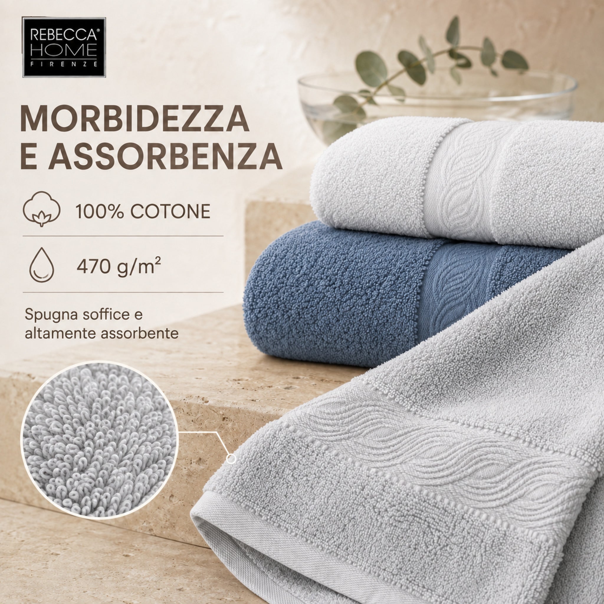 Set asciugamani Onda in cotone 470 g/m² nei colori bianco, indigo e grigio