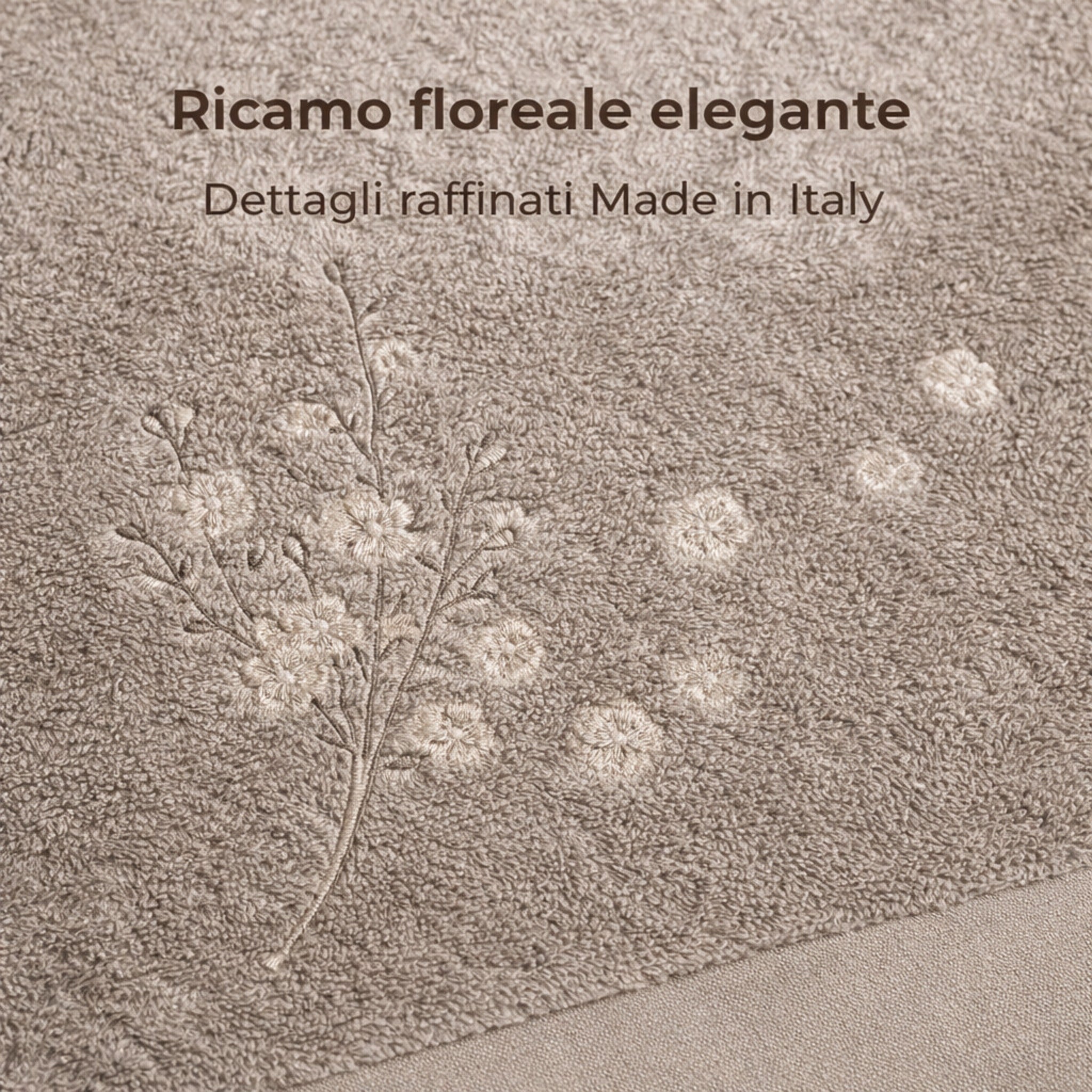 Dettaglio ricamo floreale asciugamani Galizzi Firenze tortora