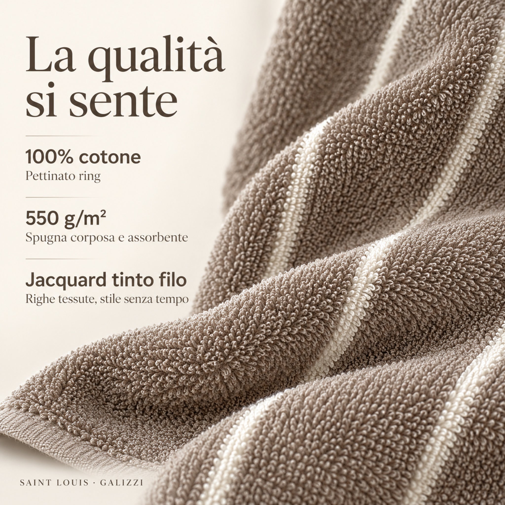 Primo piano della spugna Noisette a righe Saint Louis, con caratteristiche del cotone jacquard da 550 g/m².