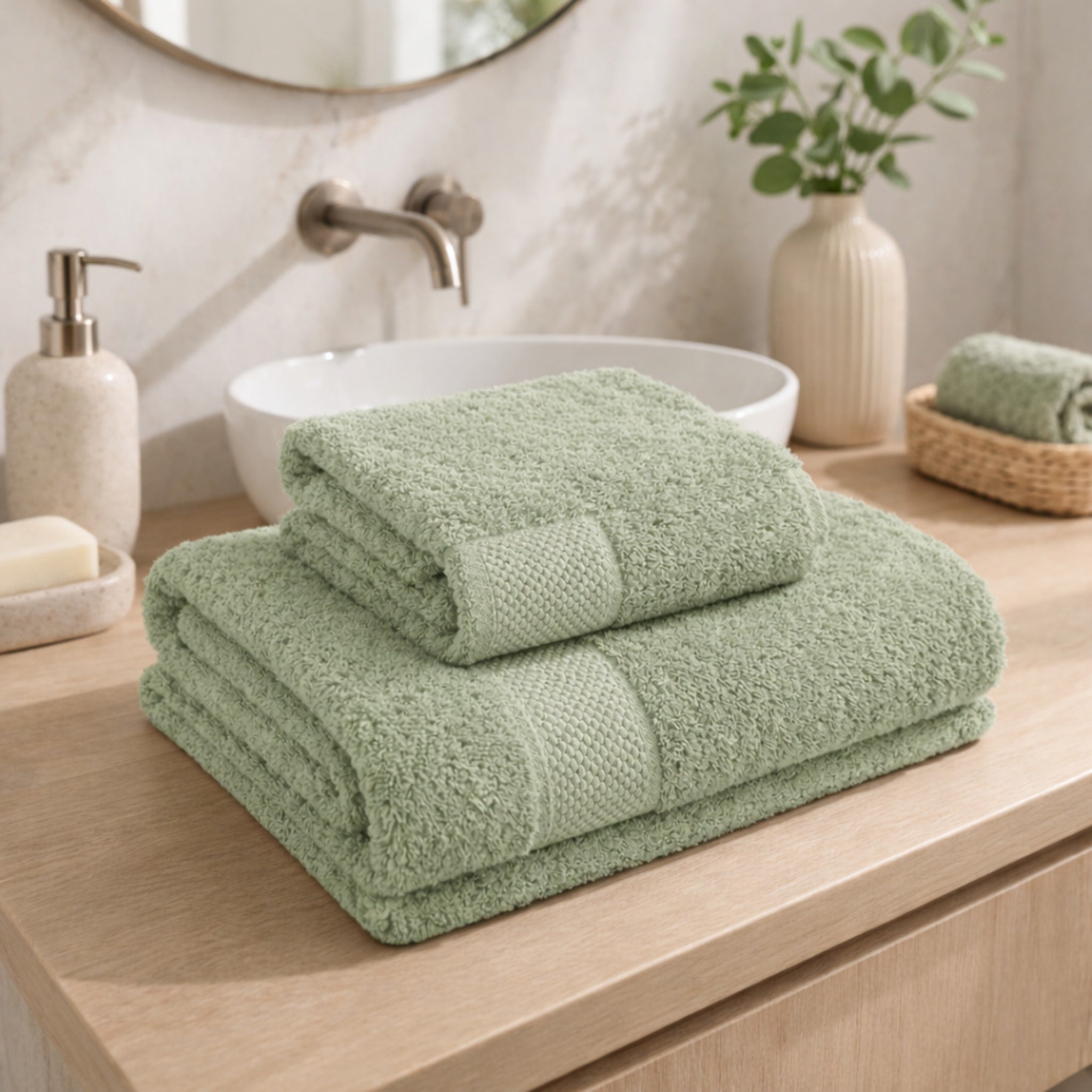 Asciugamani verde salvia in bagno moderno naturale