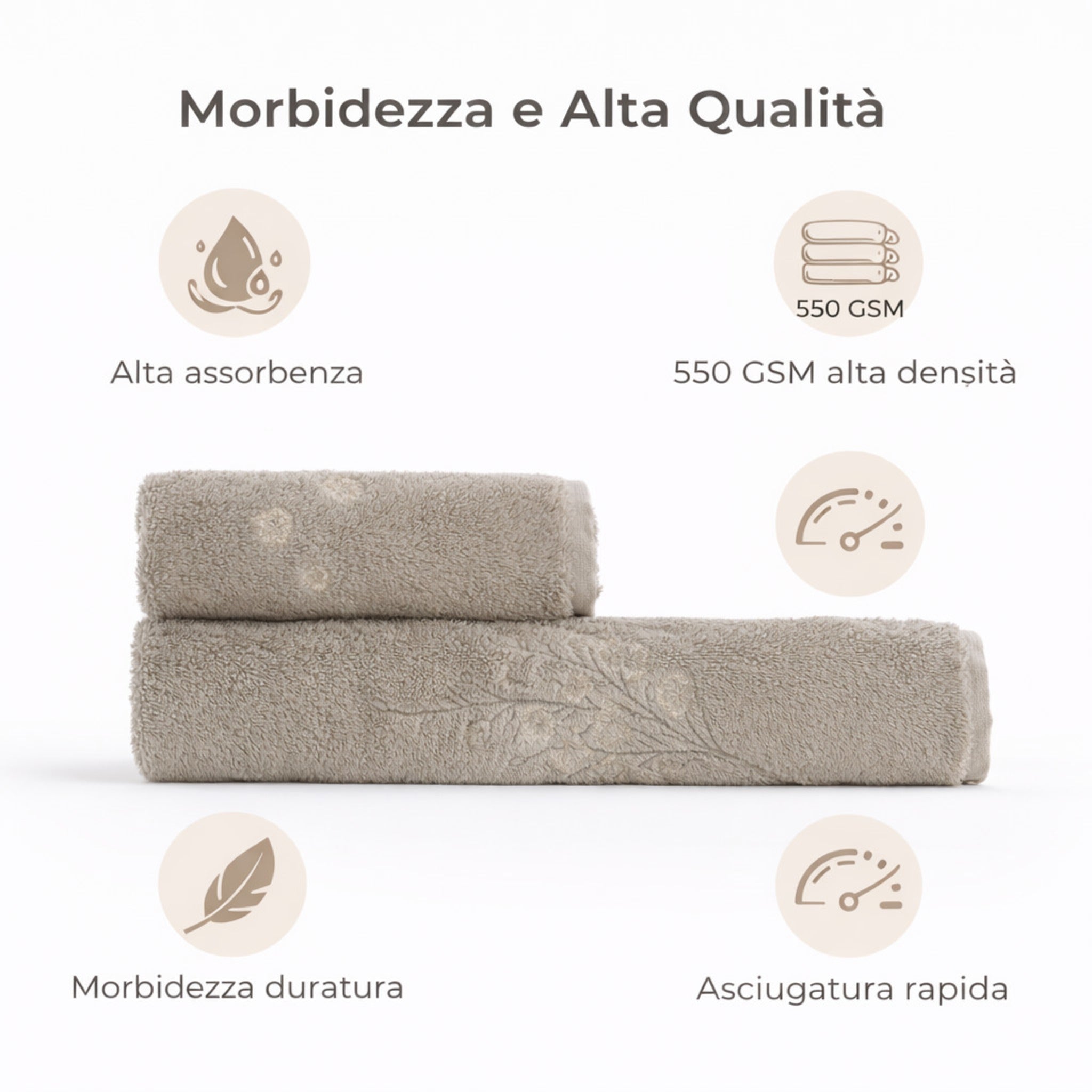 Asciugamani tortora spugna alta assorbenza cotone pettinato 550 GSM