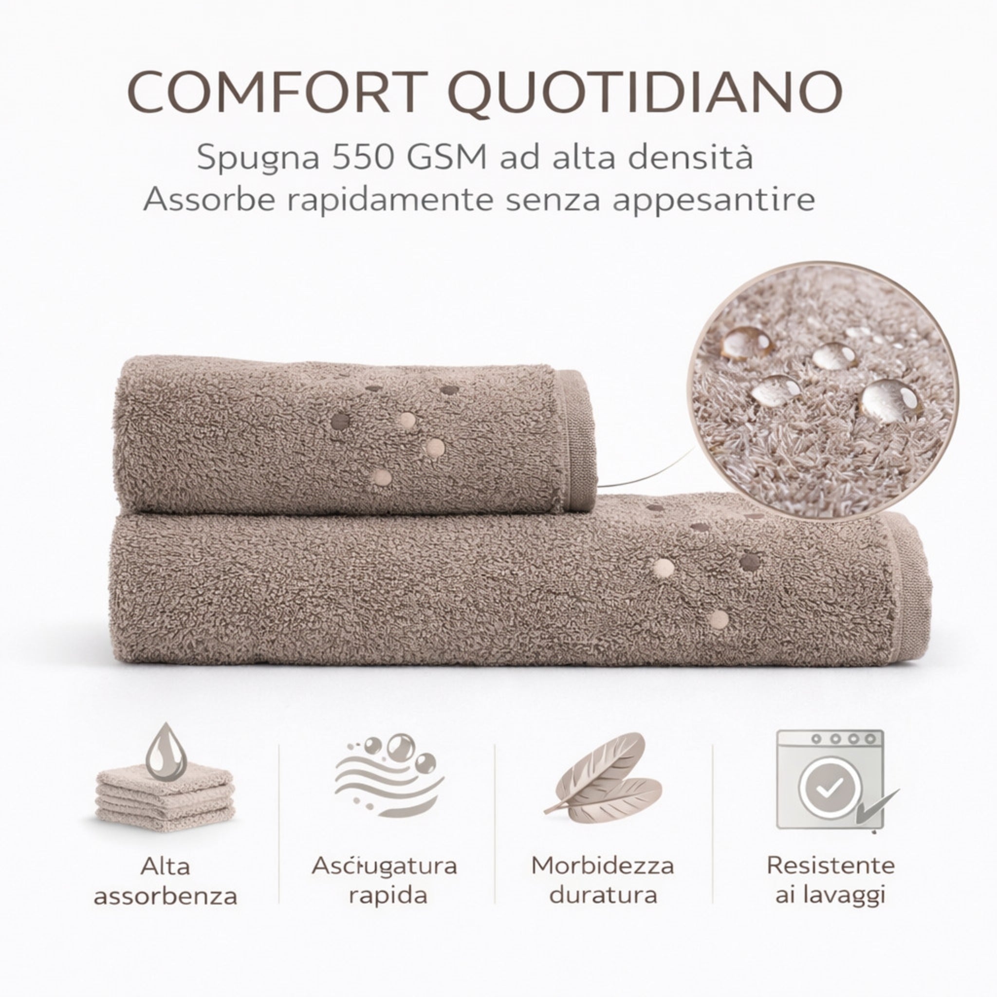 Asciugamani tortora alta assorbenza spugna 550 GSM cotone pettinato