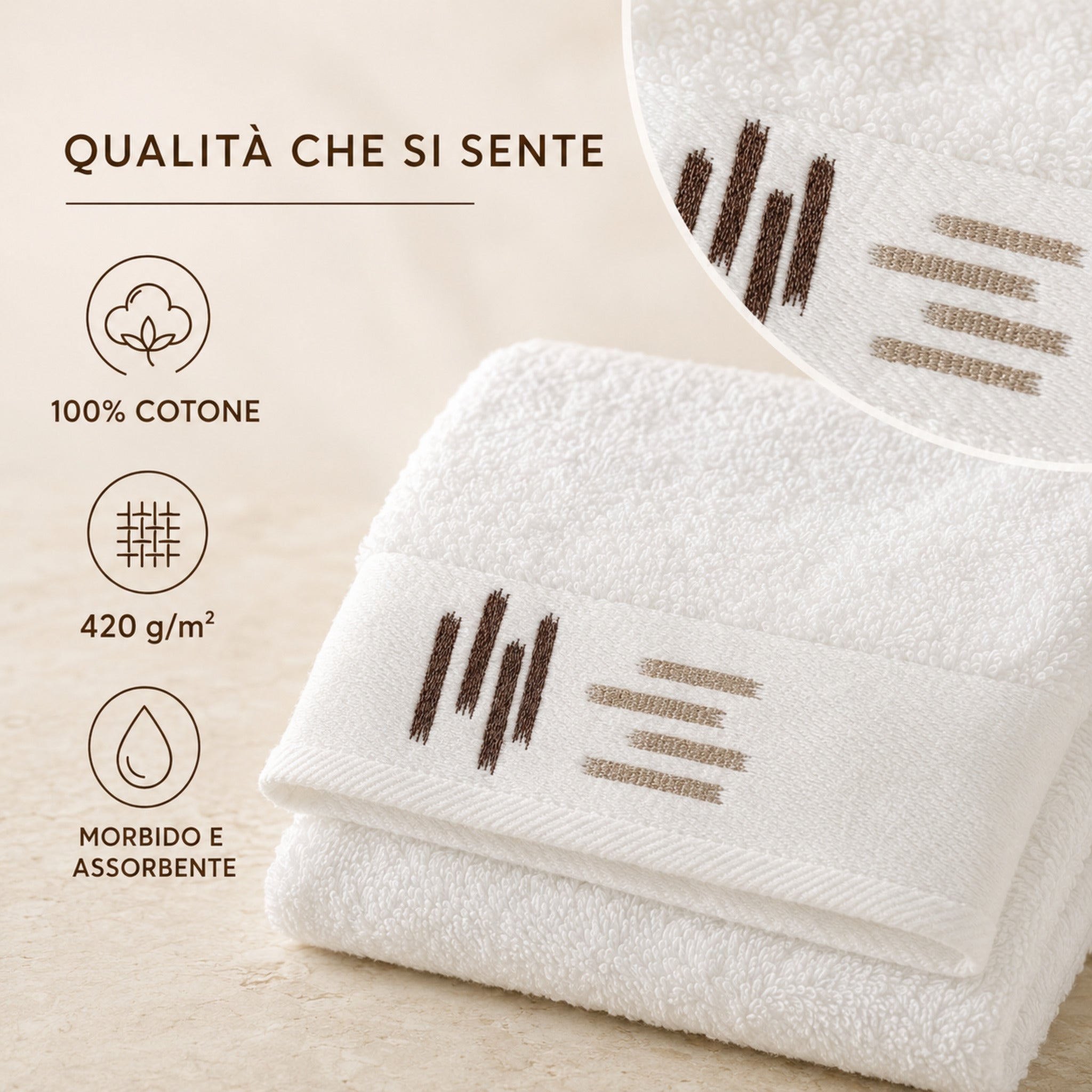 Asciugamani Versilia Burro in cotone 420 g/m², morbidi e assorbenti, con balza geometrica ricamata