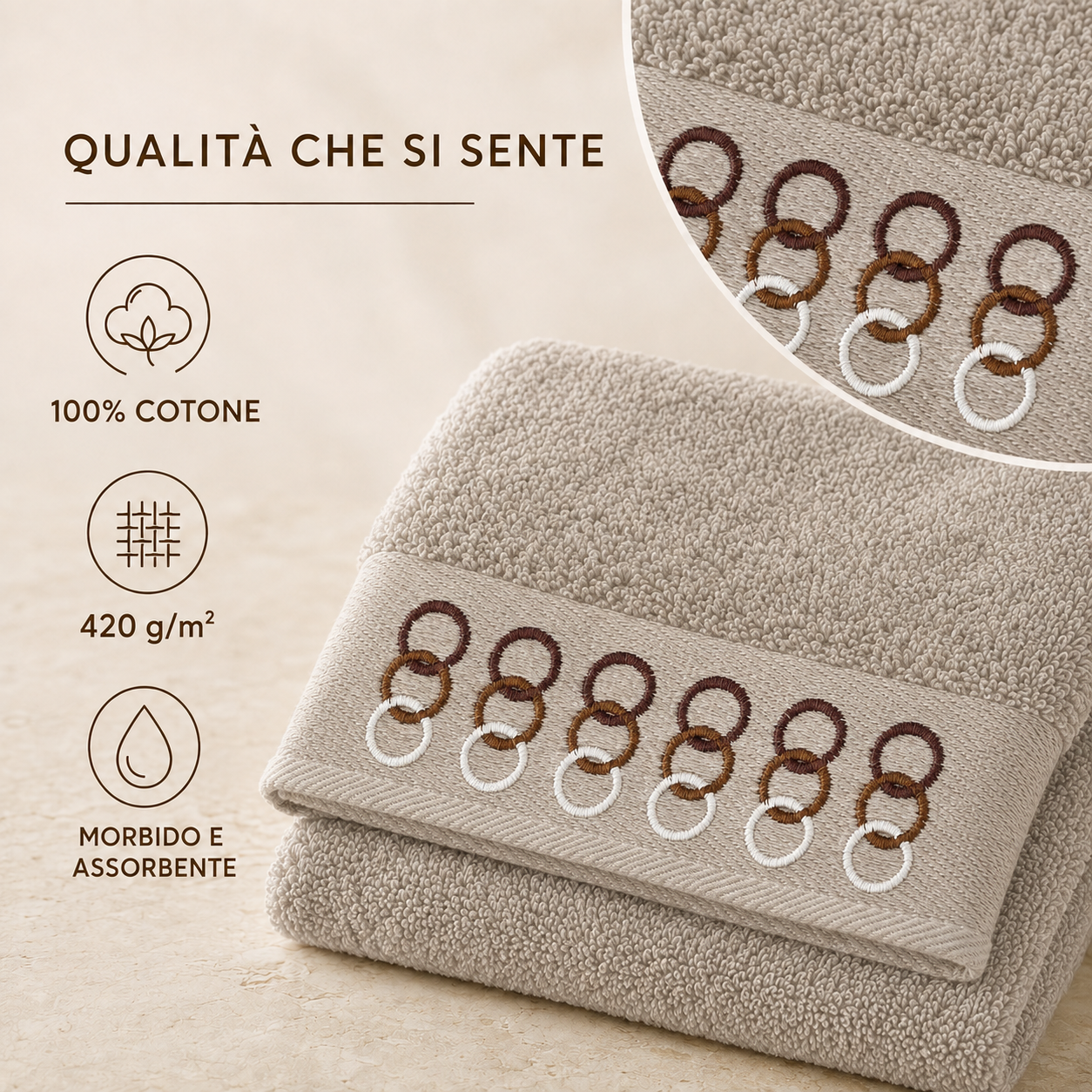 Asciugamani Versilia Cappuccino in cotone 420 g/m², morbidi e assorbenti, con balza ricamata ad anelli