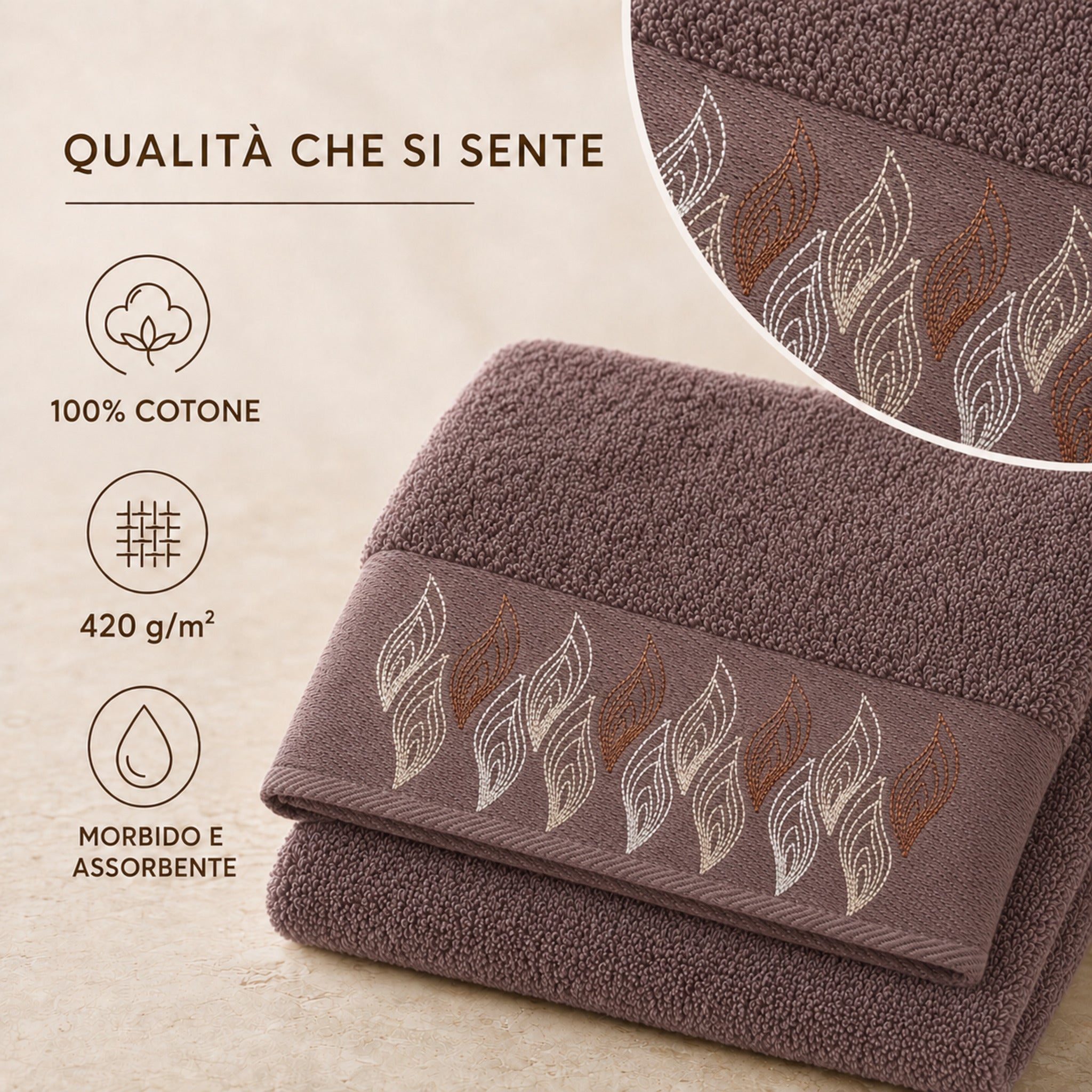 Asciugamani Versilia Cioccolato in cotone 420 g/m² con balza ricamata a foglie