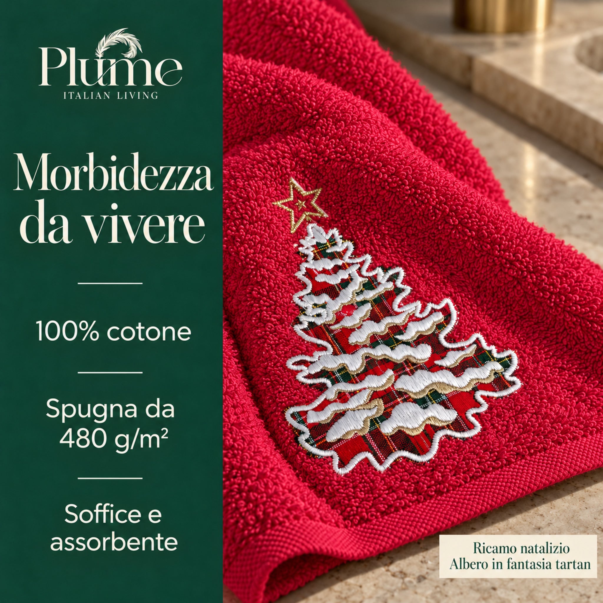 Dettaglio dell’albero tartan sul viso rosso Plume Snowtree, con rami bianchi effetto neve e stella sulla cima.