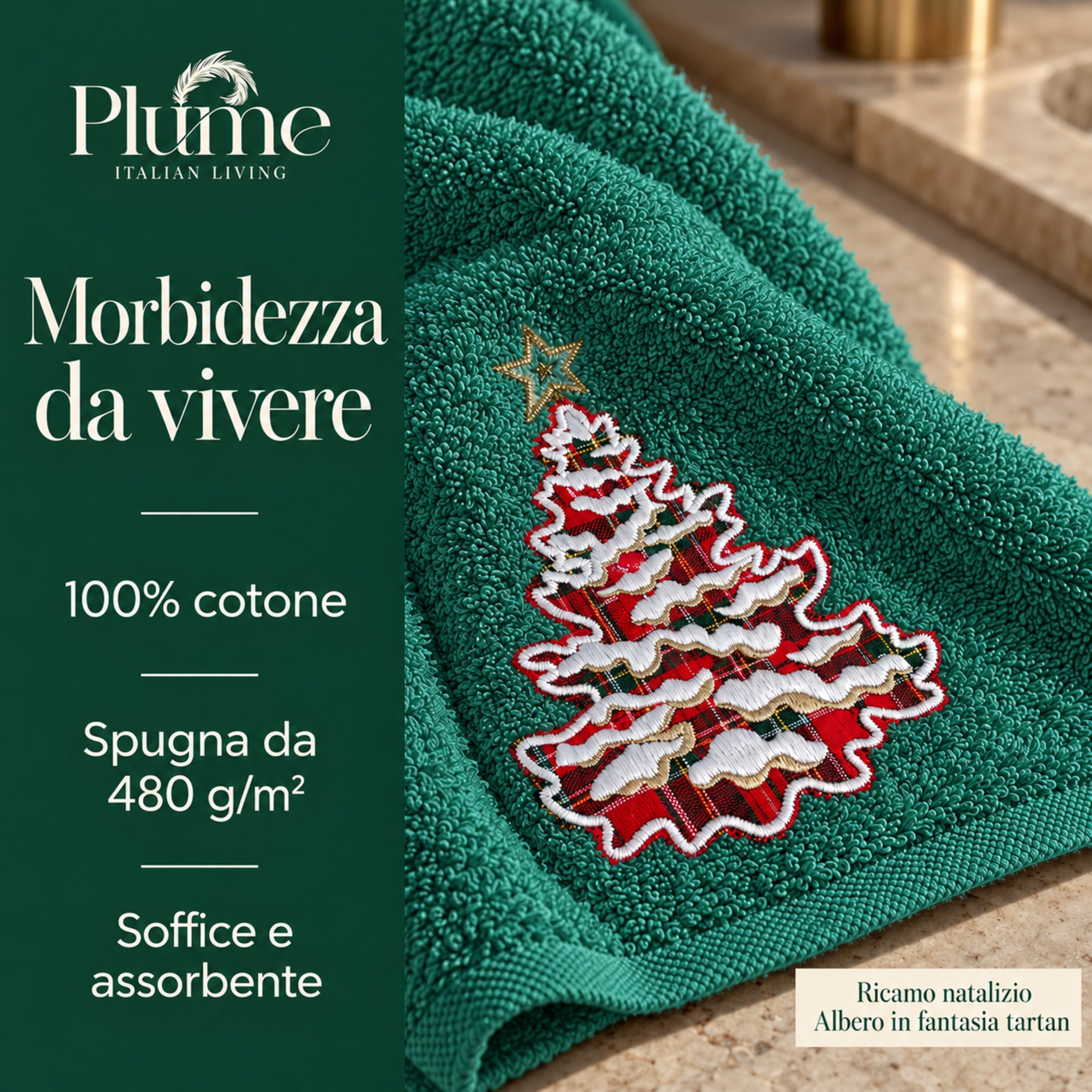Set Plume Snowtree Avorio in bagno, con albero tartan sul viso appeso e asciugamano ospite unito vicino al lavabo.