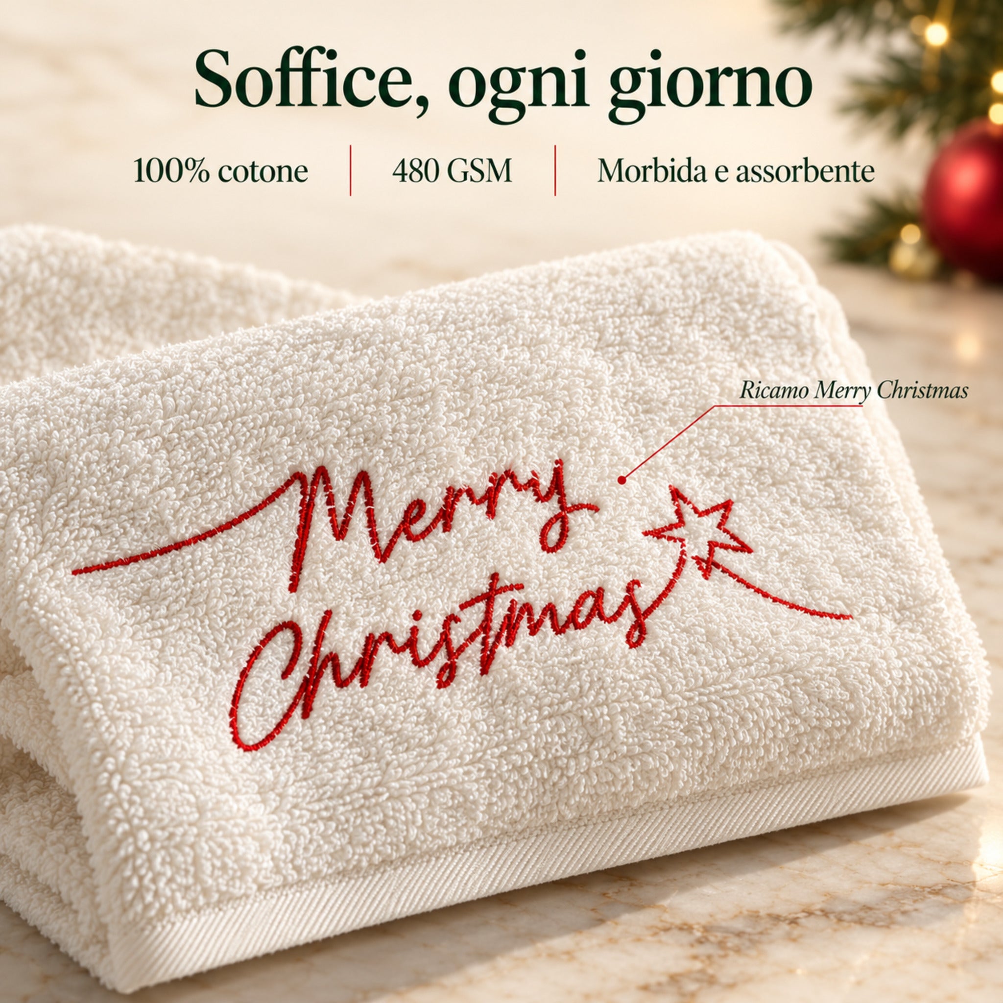Dettaglio della spugna avorio Plume Starlight con scritta Merry Christmas e stella ricamate in rosso.
