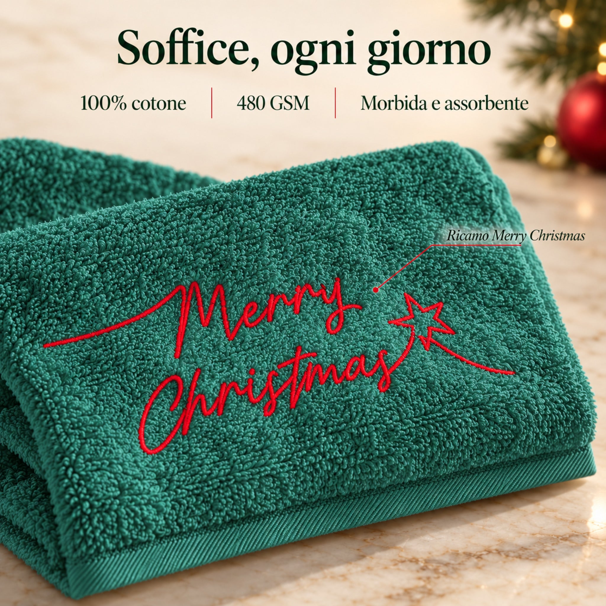 Dettaglio della spugna verde Plume Starlight con scritta Merry Christmas e stella ricamate in rosso.