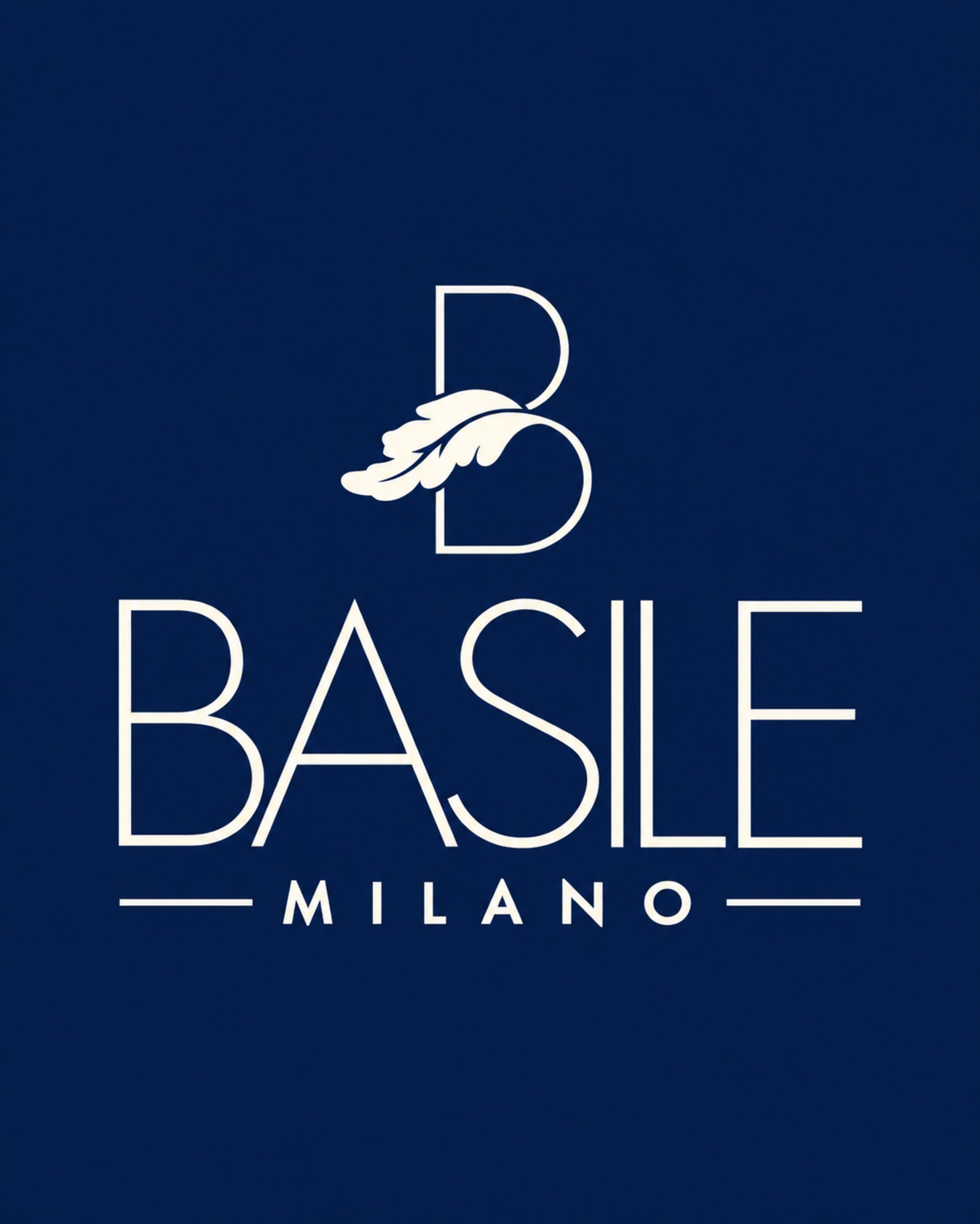 Logo Basile Milano chiaro su fondo blu navy