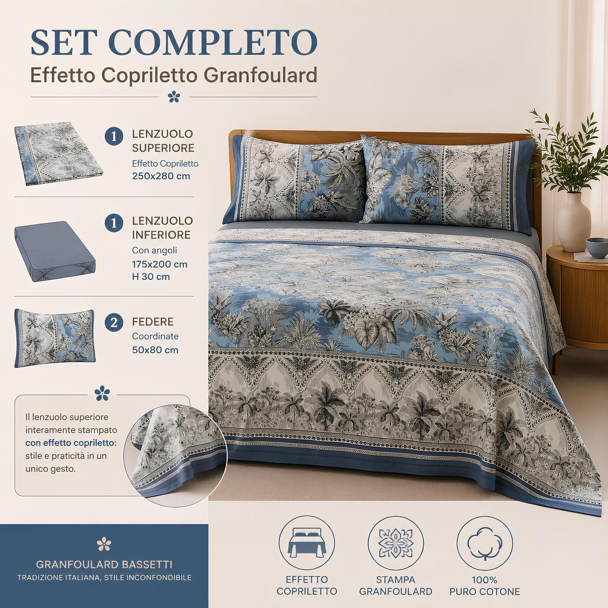 Set matrimoniale Bassetti Granfoulard Boboli Azzurro con lenzuolo 250x280, sotto 175x200 H30 e 2 federe