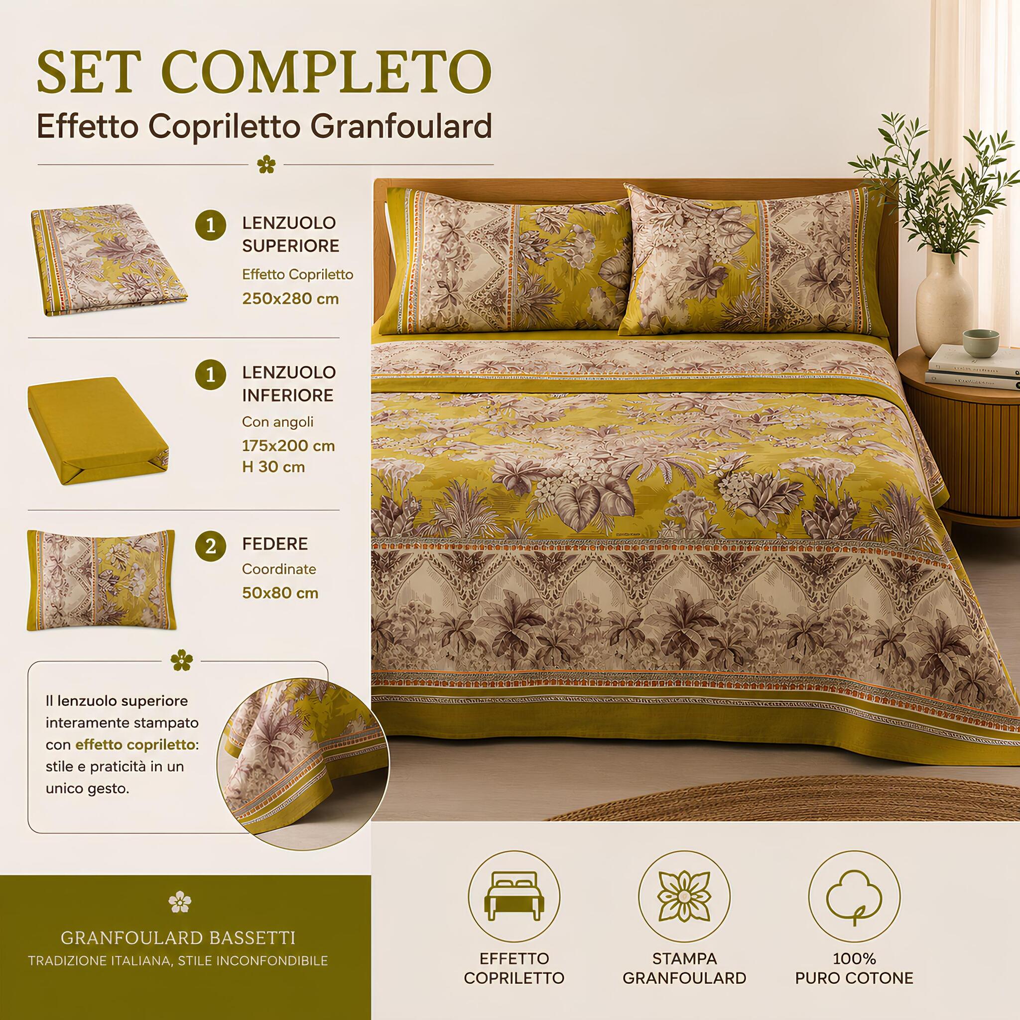 Set matrimoniale Bassetti Granfoulard Boboli Oro con lenzuolo effetto copriletto e 4 pezzi coordinati