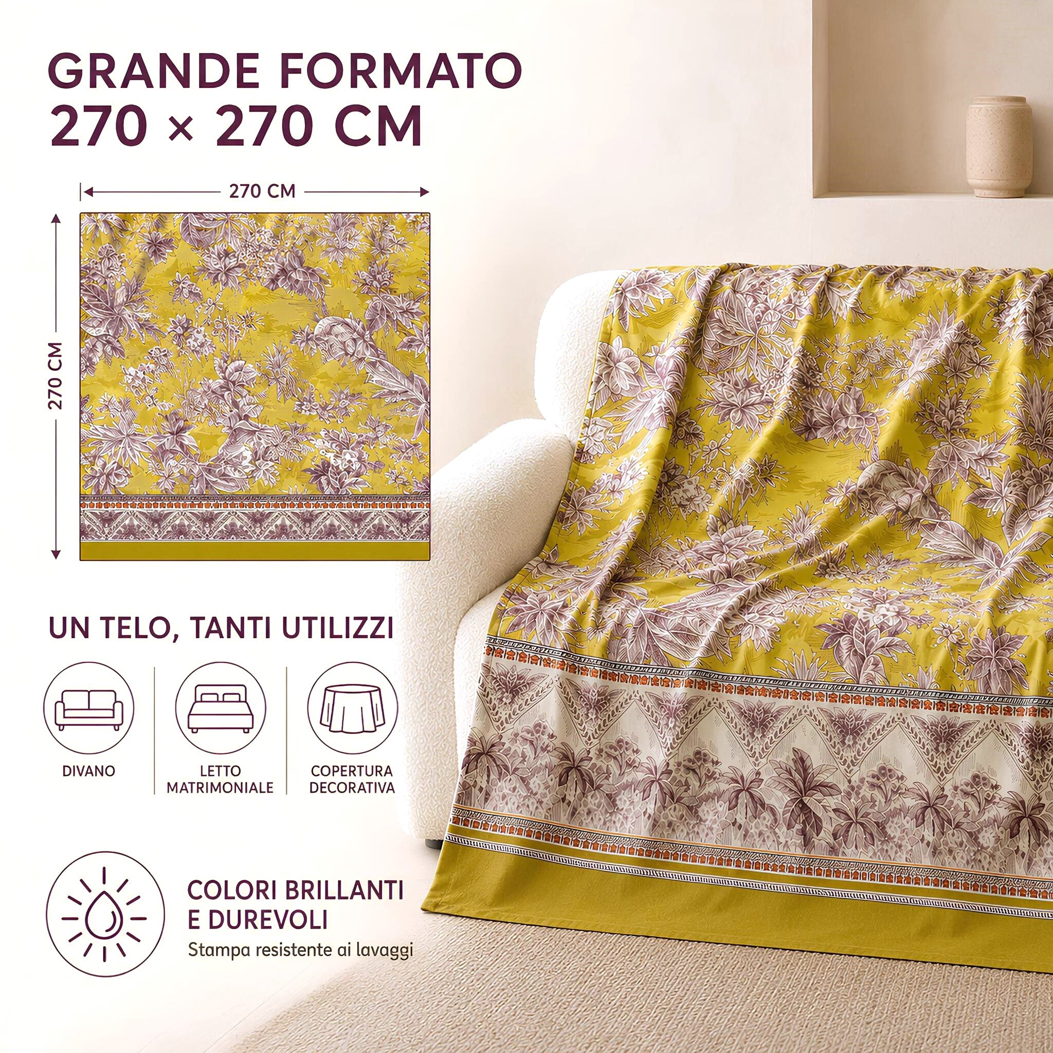 Telo copritutto Bassetti Boboli giallo 270x270 cm per divano e letto matrimoniale