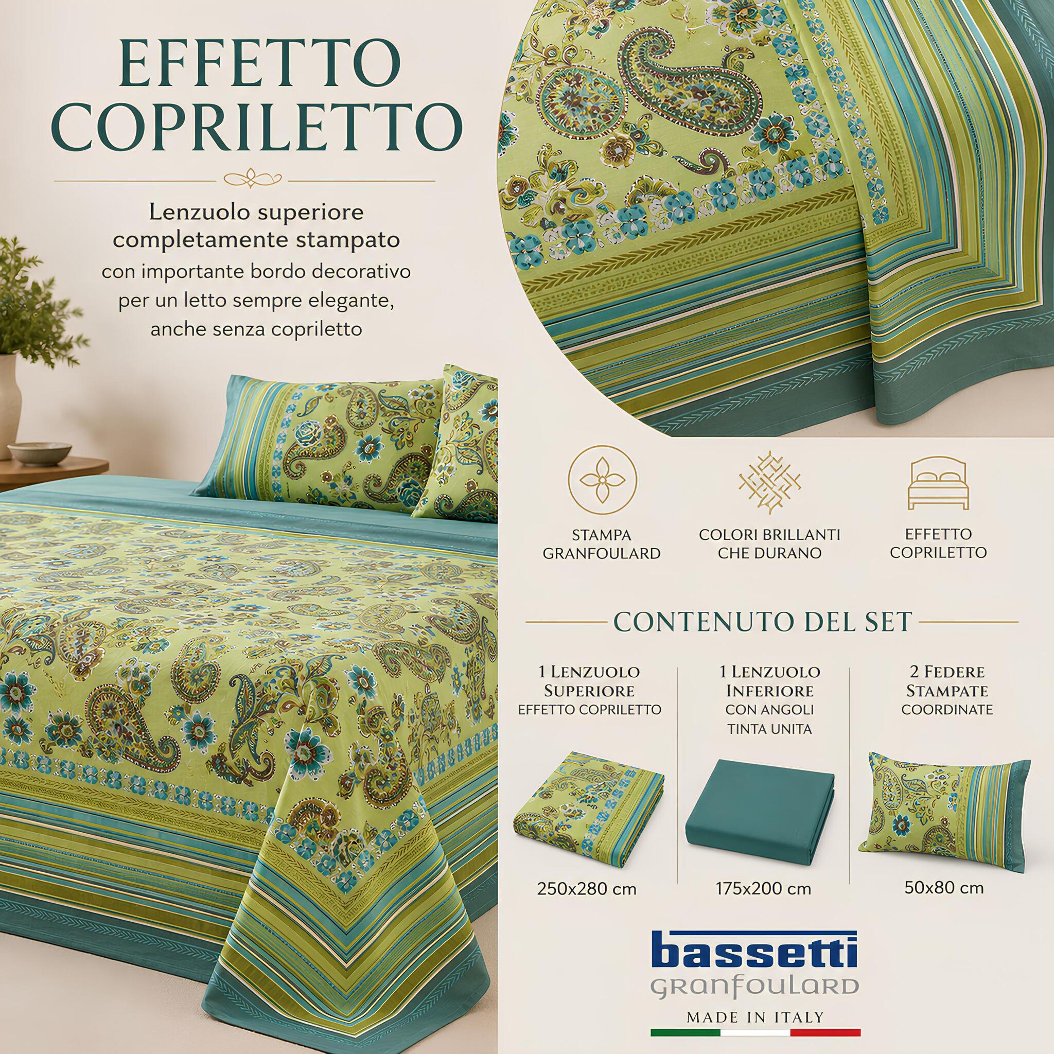 Bassetti Granfoulard Rapallo completo lenzuola matrimoniale con lenzuolo superiore effetto copriletto