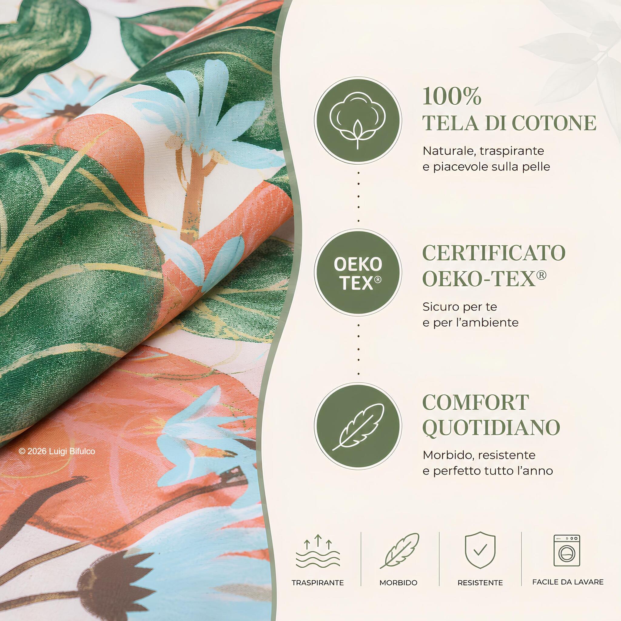 Infografica qualità completo lenzuola Bassetti Tropical beige in 100% tela di cotone certificata OEKO-TEX.