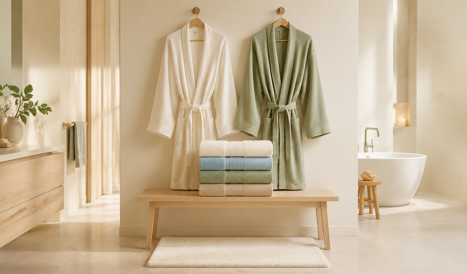 Biancheria da bagno con asciugamani accappatoi e tappeto