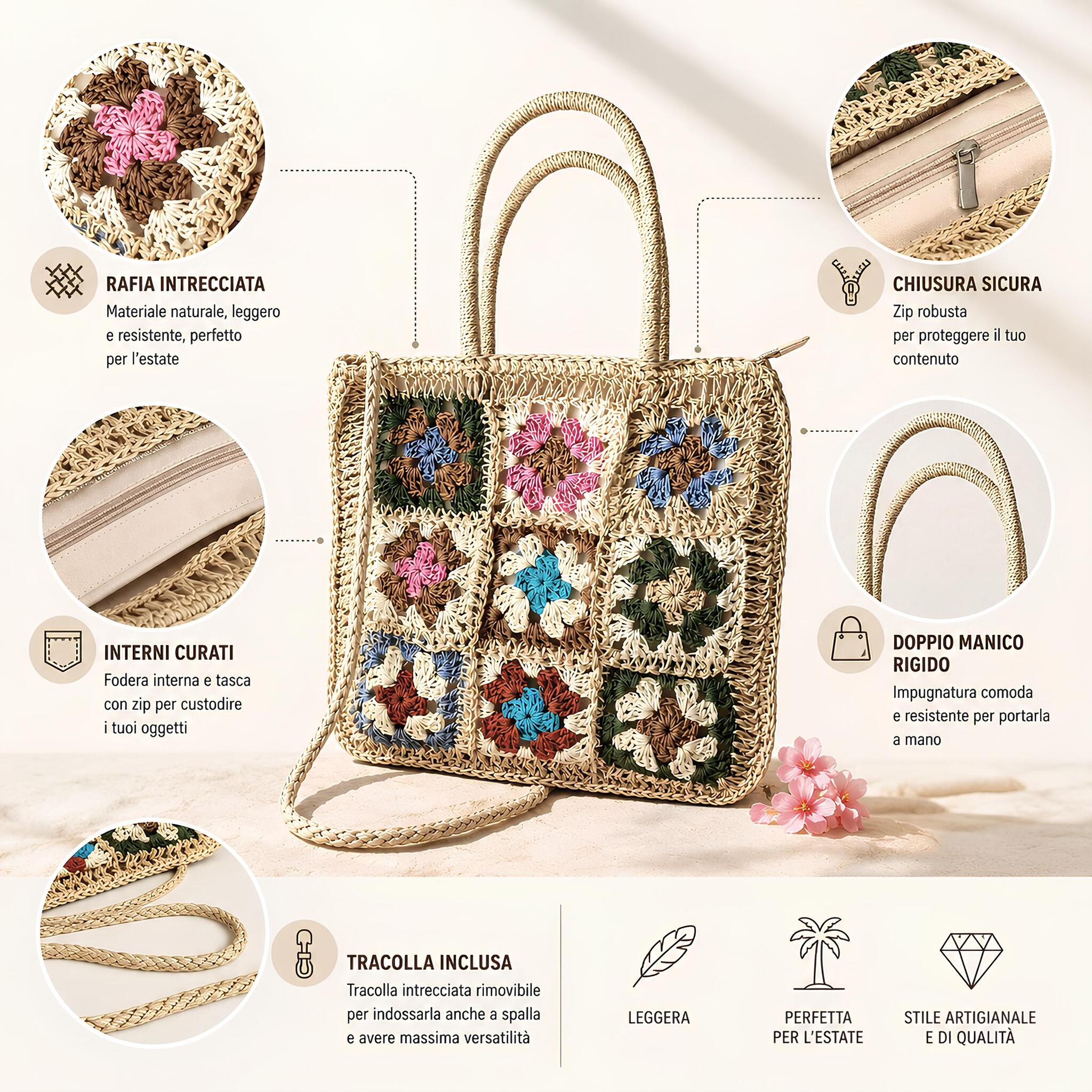 Dettagli lavorazione crochet e rafia intrecciata della borsa mare donna Admas multicolor