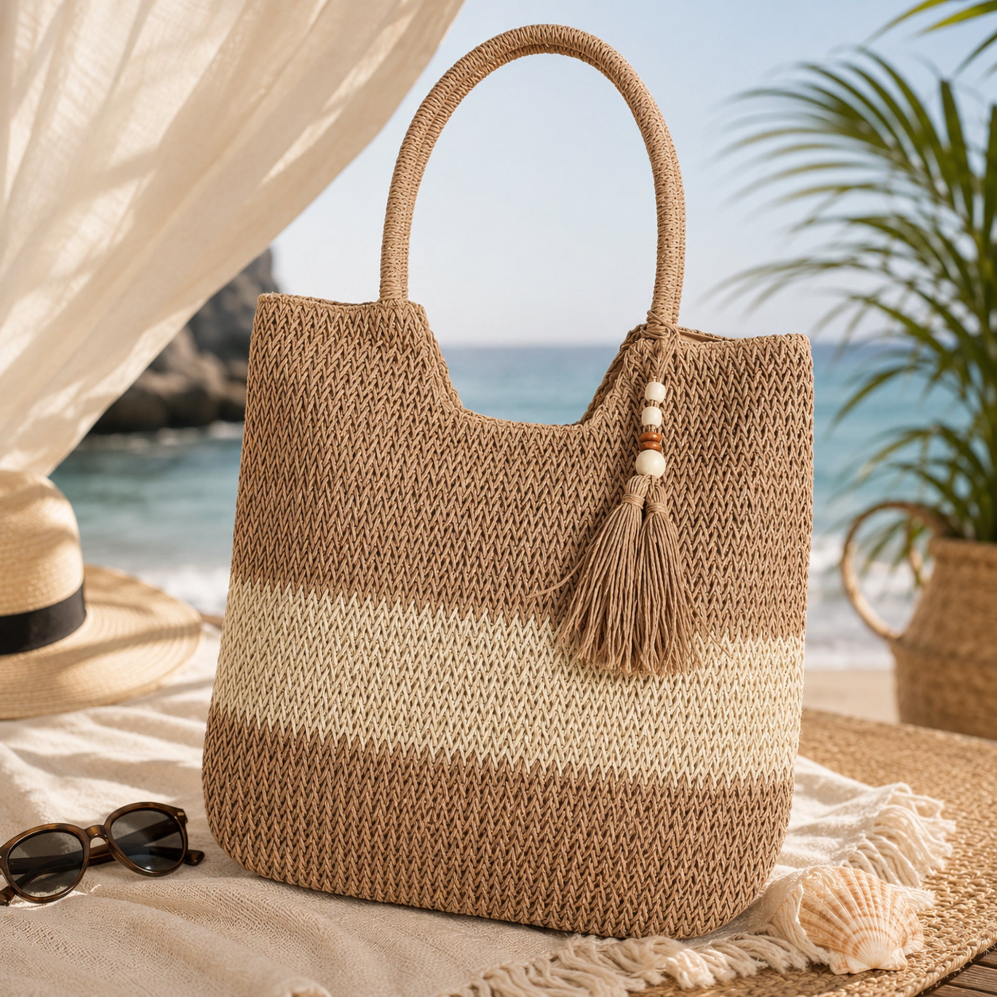 Borsa donna crochet beige e avorio Admas Art. 19932 in cellulosa intrecciata stile boho chic