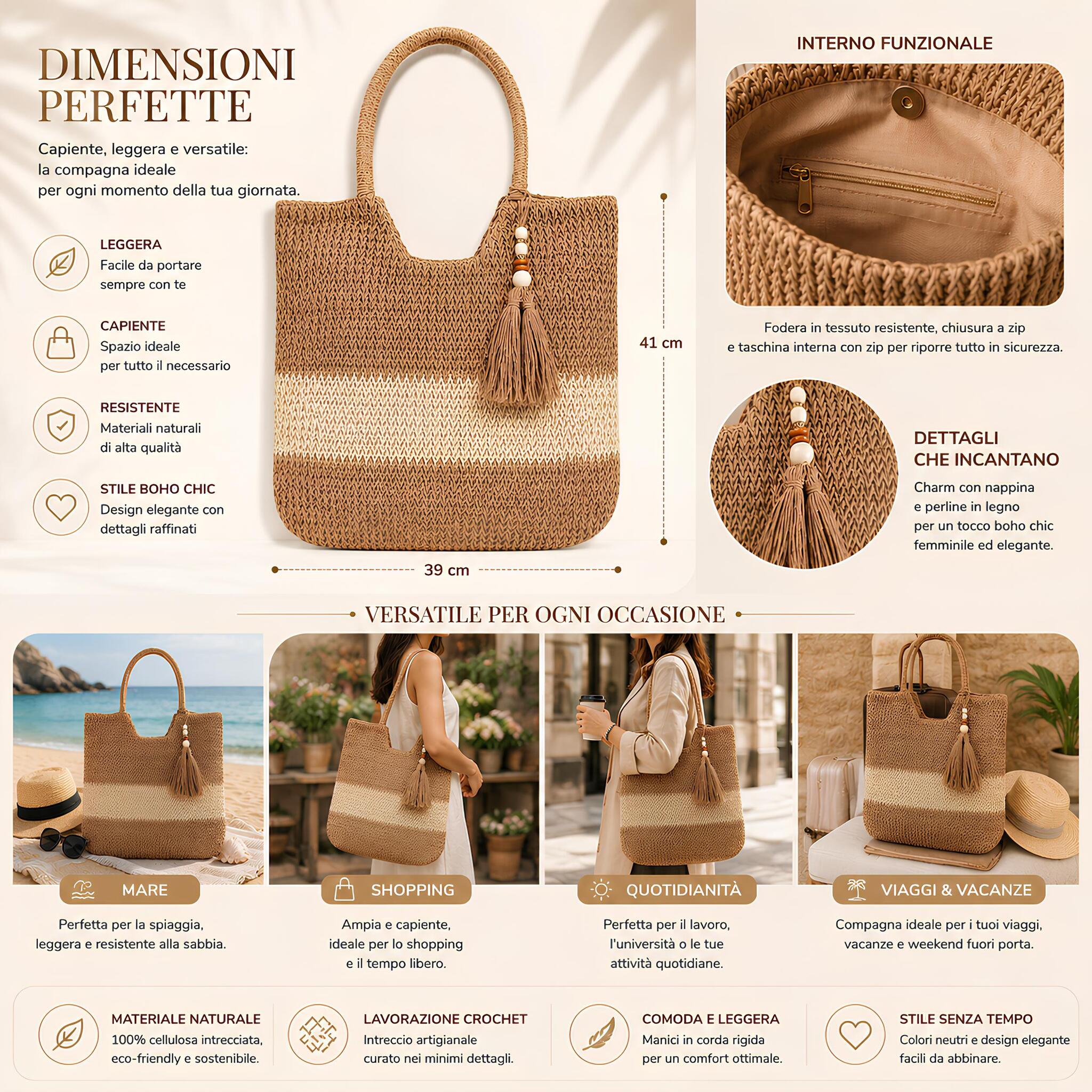 Dimensioni e utilizzi della borsa donna Admas crochet beige e avorio 41x39 cm