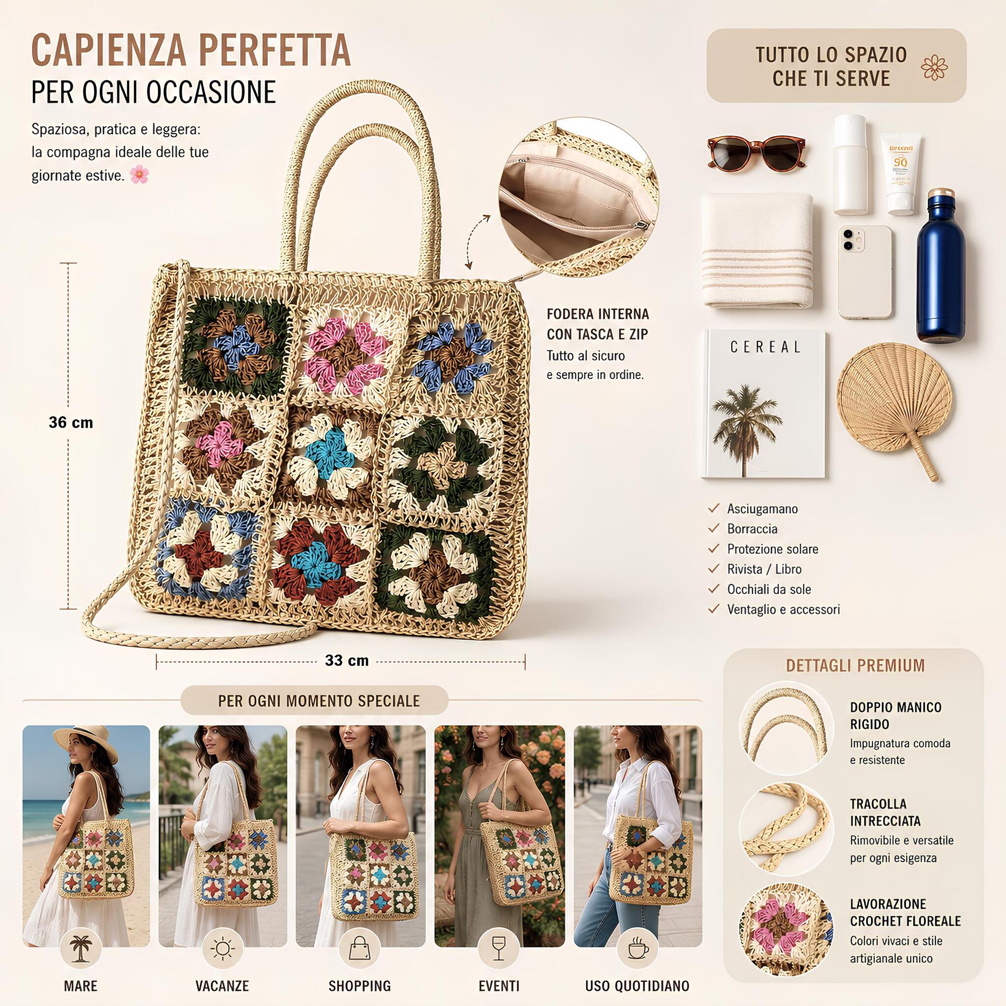 Dimensioni e utilizzi della borsa mare donna crochet Admas Art. 19854 da 33x36 cm