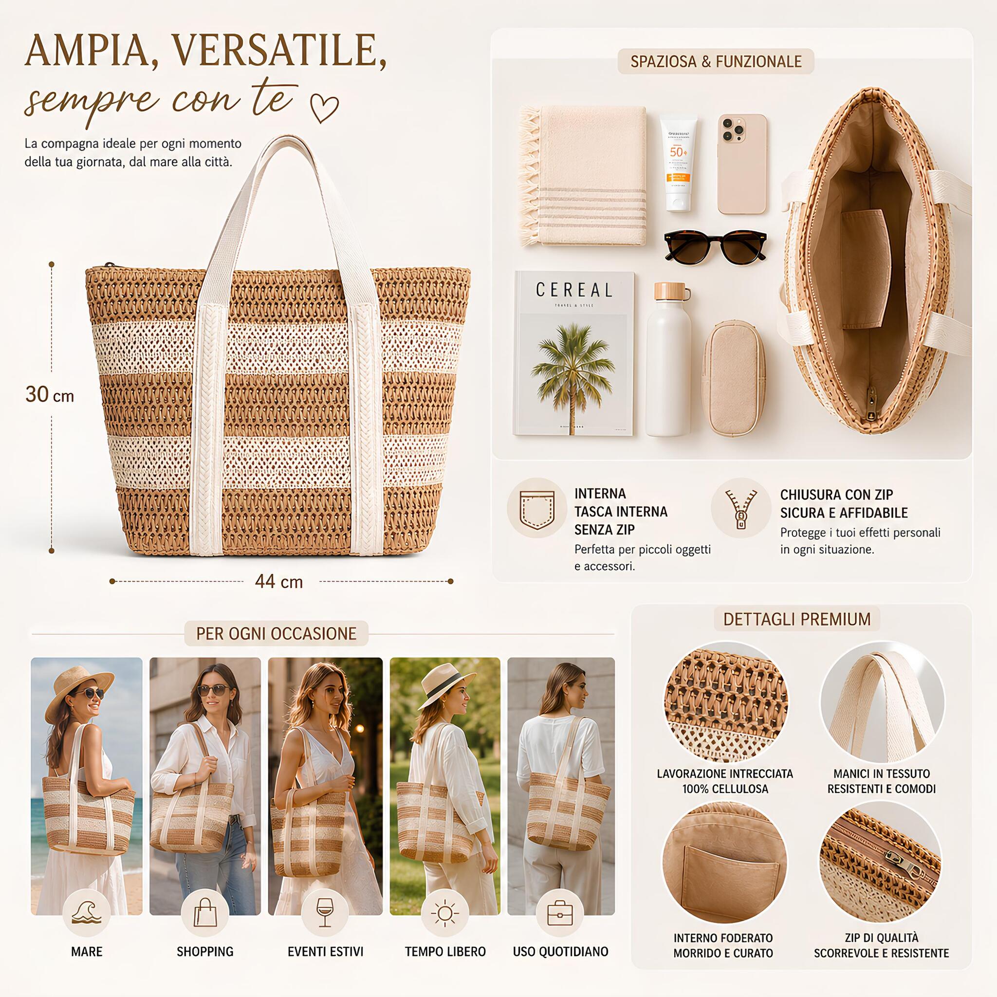 Dimensioni e utilizzi della borsa mare donna Admas 44x30 cm beige e avorio