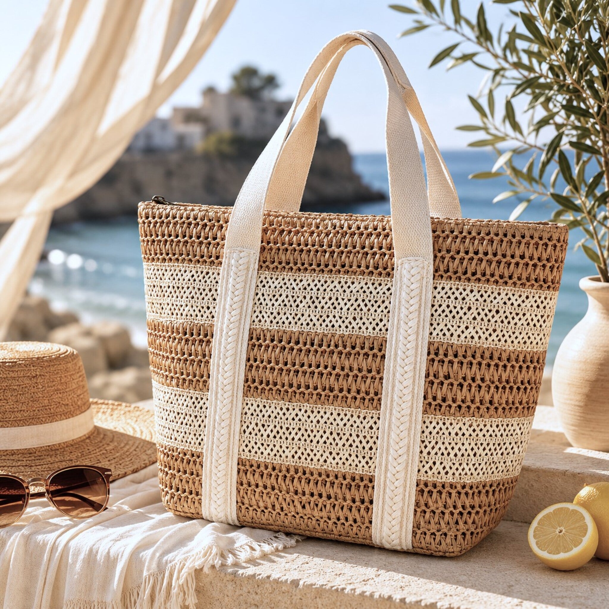 Borsa mare donna Admas beige e avorio in cellulosa intrecciata con manici in tessuto