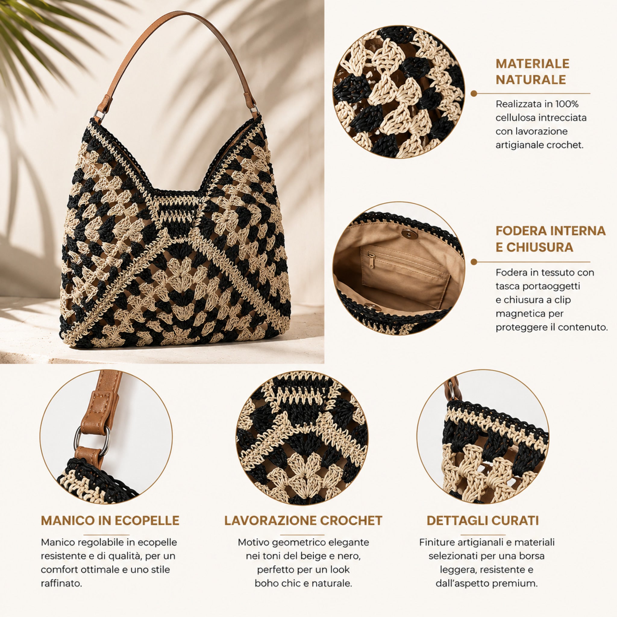 Dettagli lavorazione crochet della borsa mare donna Admas beige e nero con fodera interna