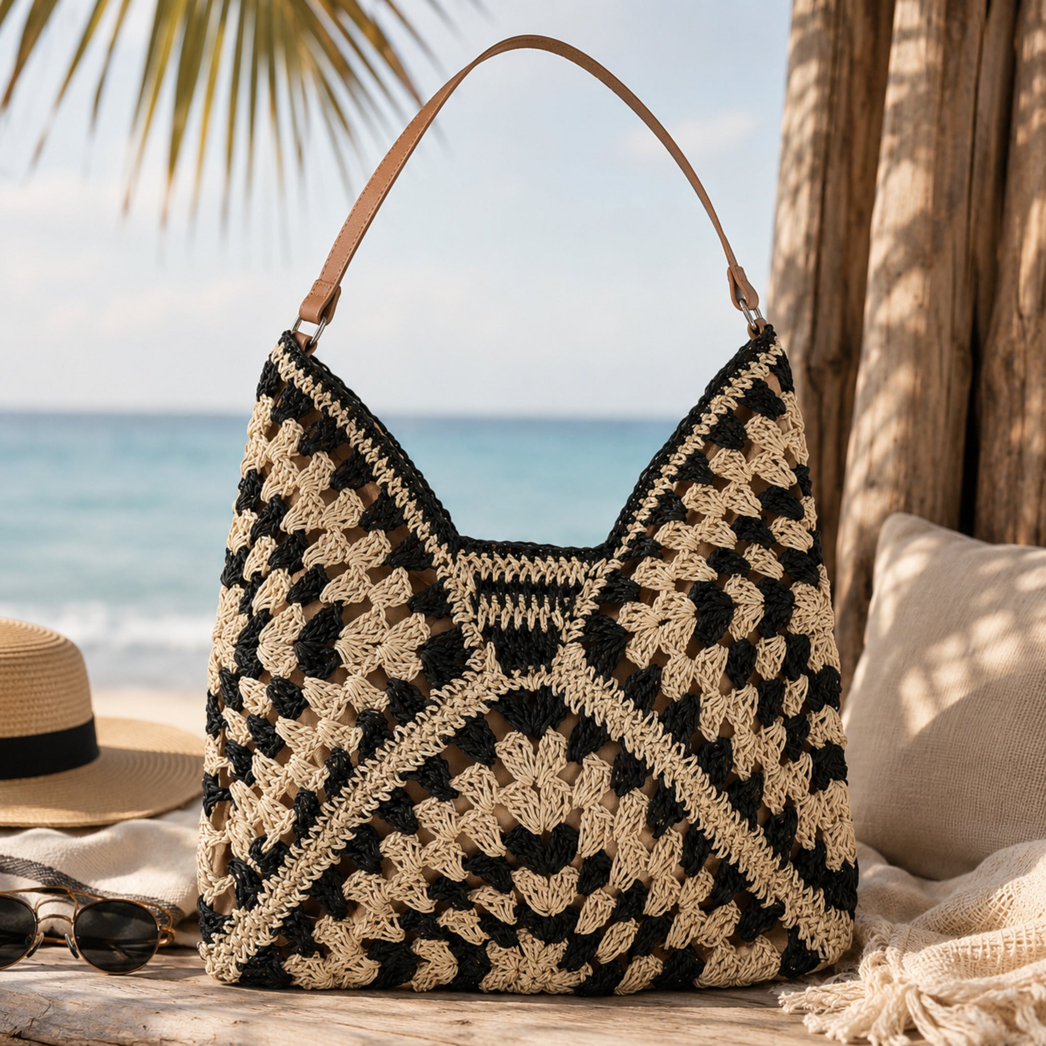 Borsa mare donna crochet beige e nero Admas Art. 19930 in cellulosa intrecciata stile boho chic