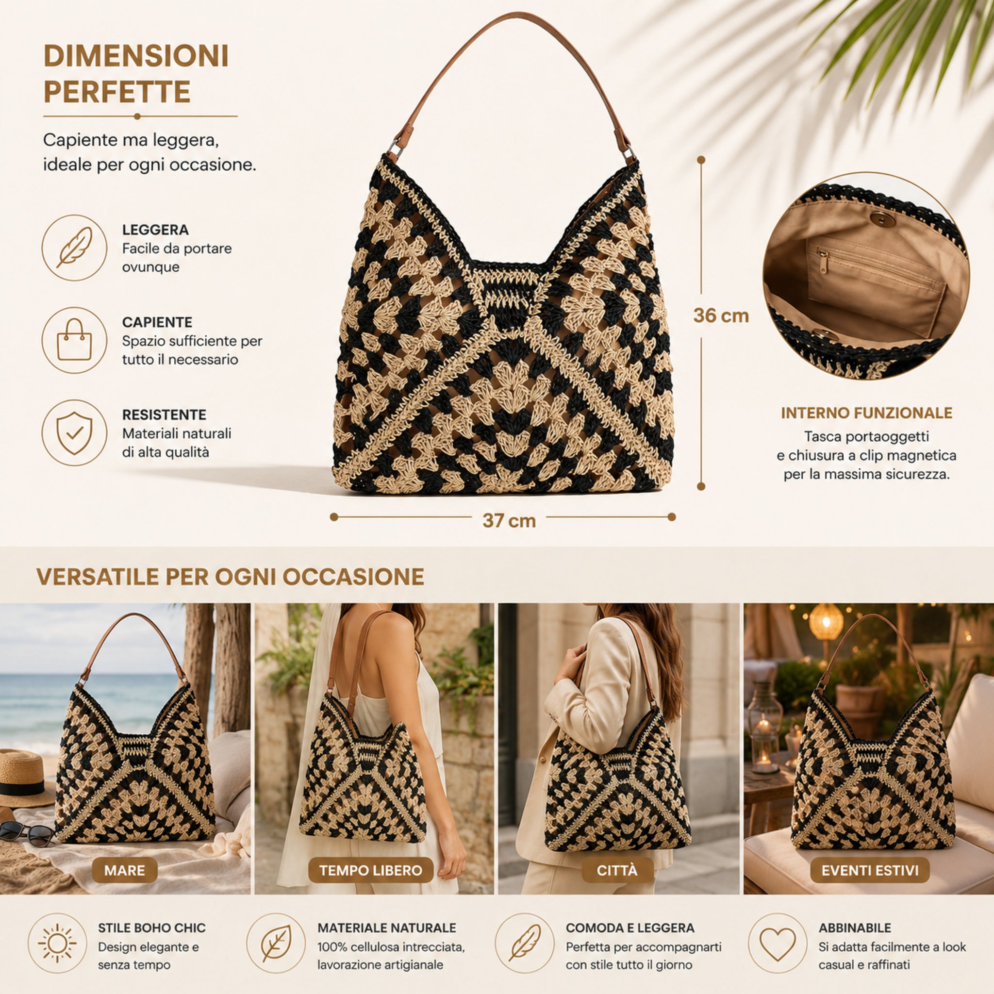 Dimensioni e utilizzo della borsa mare donna Admas crochet beige e nero 37x36 cm