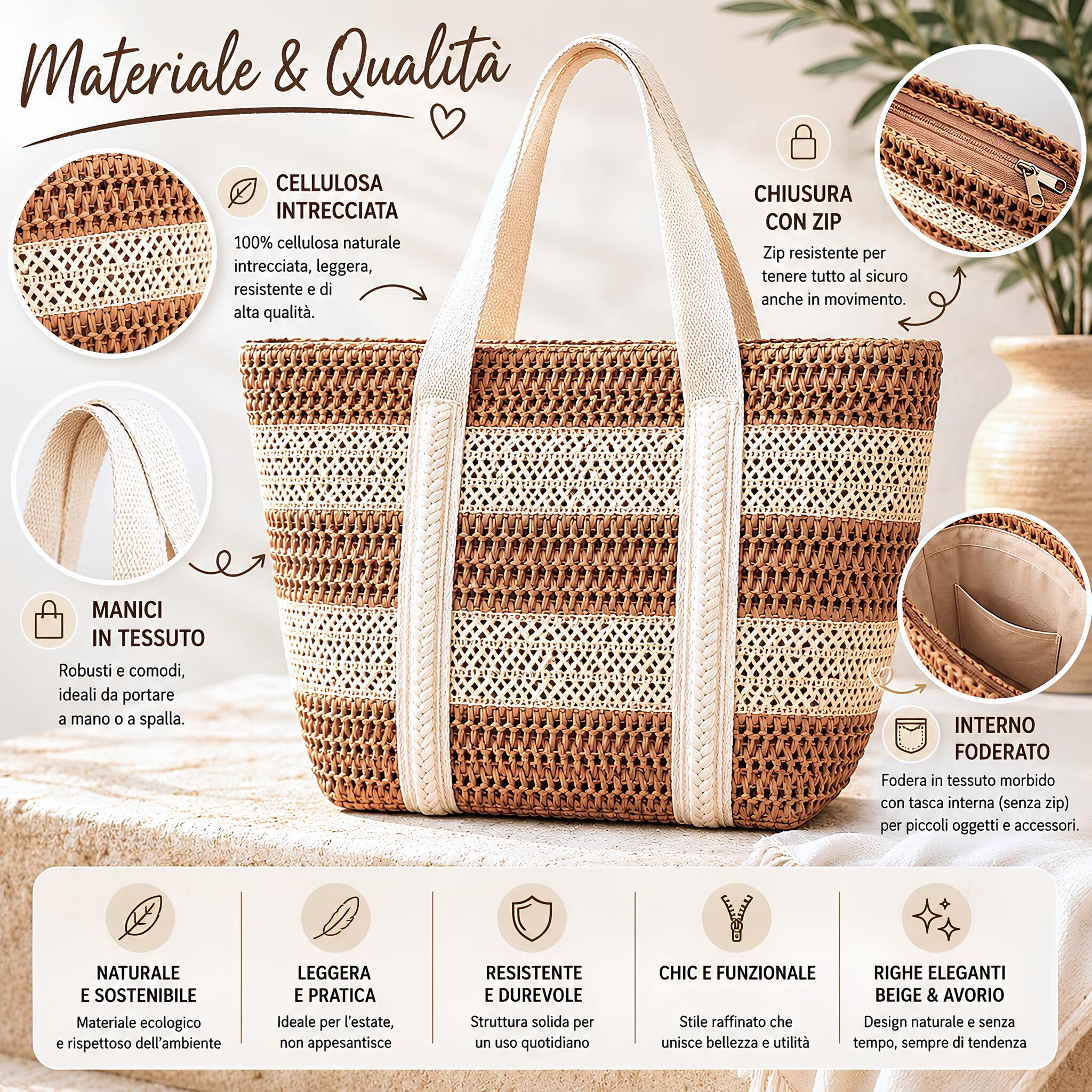 Infografica materiale e qualità della borsa mare donna Admas in cellulosa intrecciata