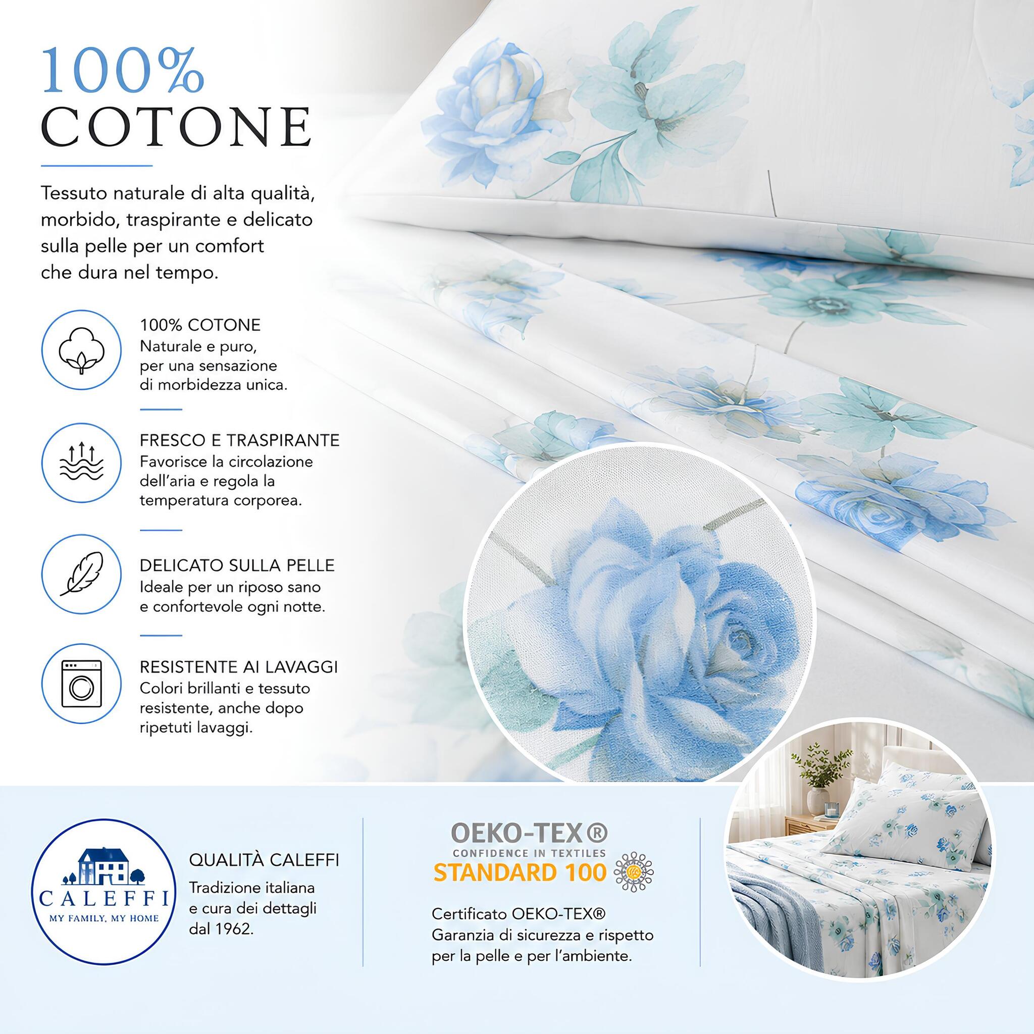 Dettaglio tessuto cotone del completo lenzuola matrimoniale Caleffi Flores azzurro certificato OEKO TEX