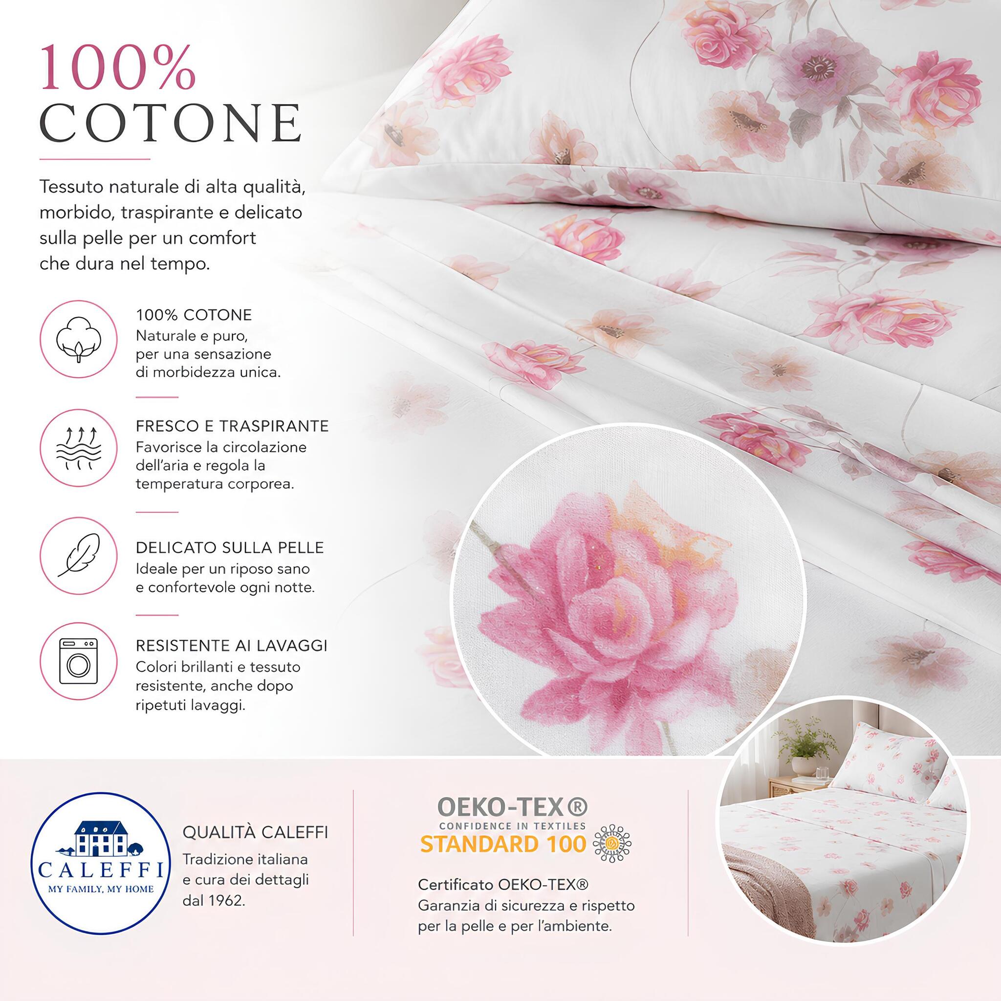Dettaglio tessuto 100 cotone del completo lenzuola matrimoniale Caleffi Flores rosa certificato OEKO TEX