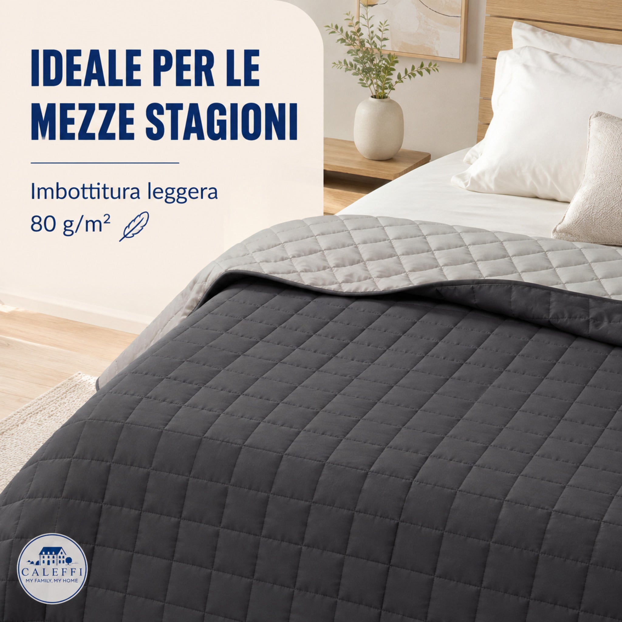 Copriletto Caleffi Modern antracite con imbottitura leggera da 80 g/m² per le mezze stagioni