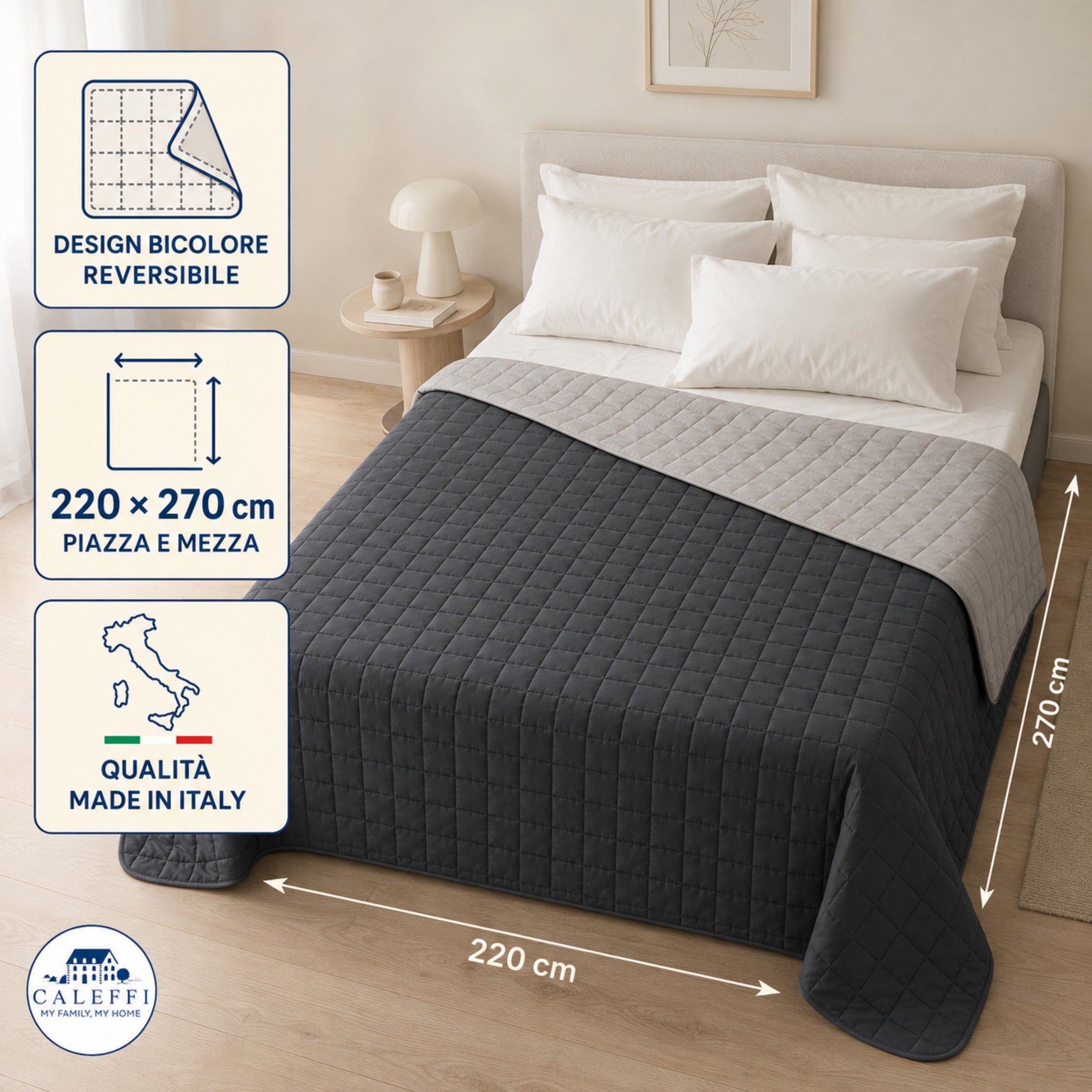 Copriletto Caleffi Modern antracite reversibile 220x270 cm Made in Italy