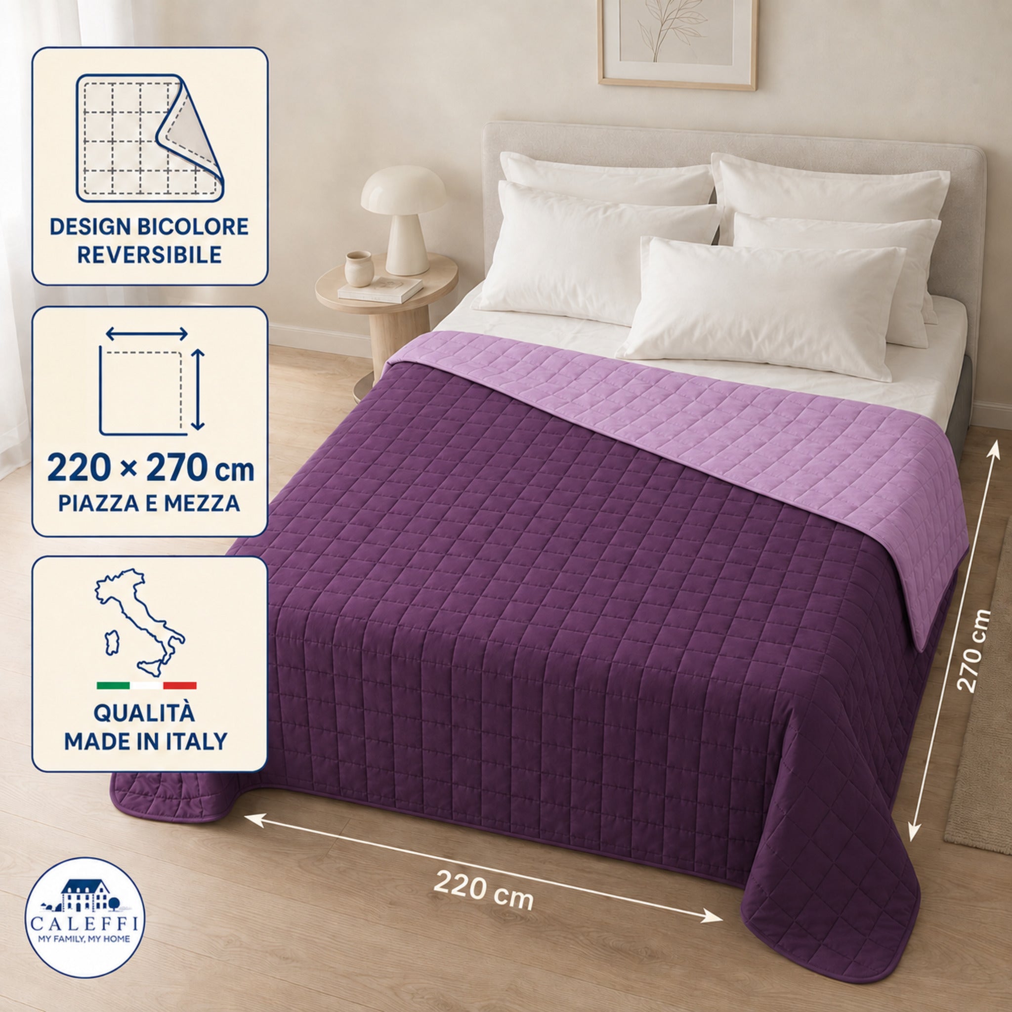 Copriletto Caleffi Modern ciclamino reversibile 220x270 cm Made in Italy