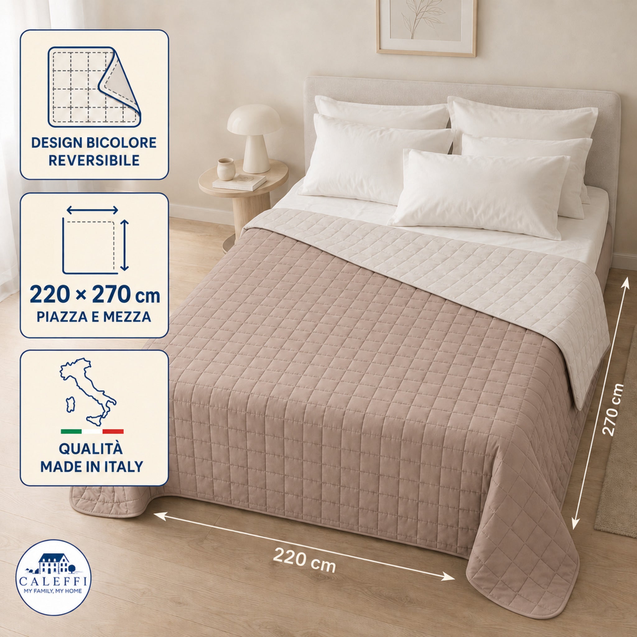 Copriletto Caleffi Modern cipria reversibile 220x270 cm Made in Italy