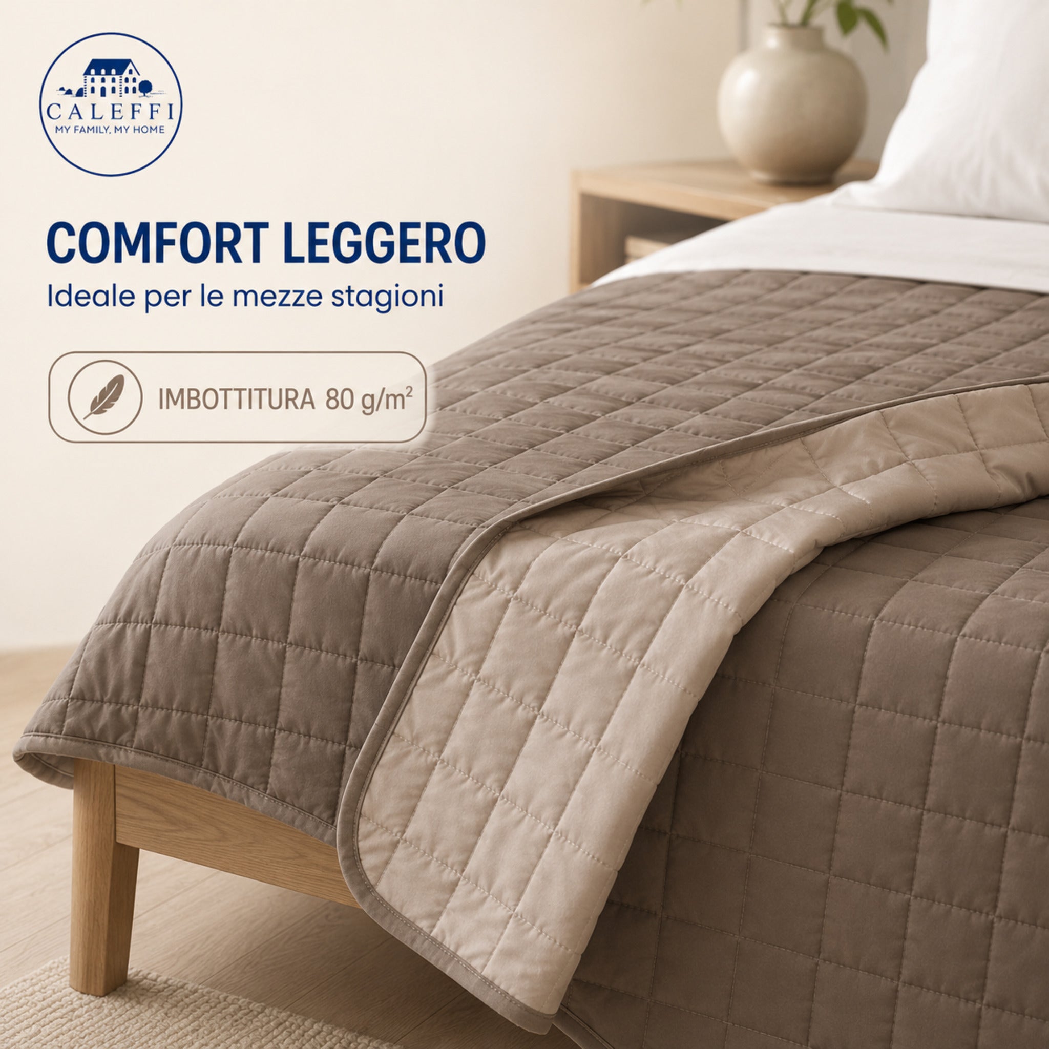 Copriletto Caleffi Modern Tortora con imbottitura da 80 g/m² ideale per le mezze stagioni