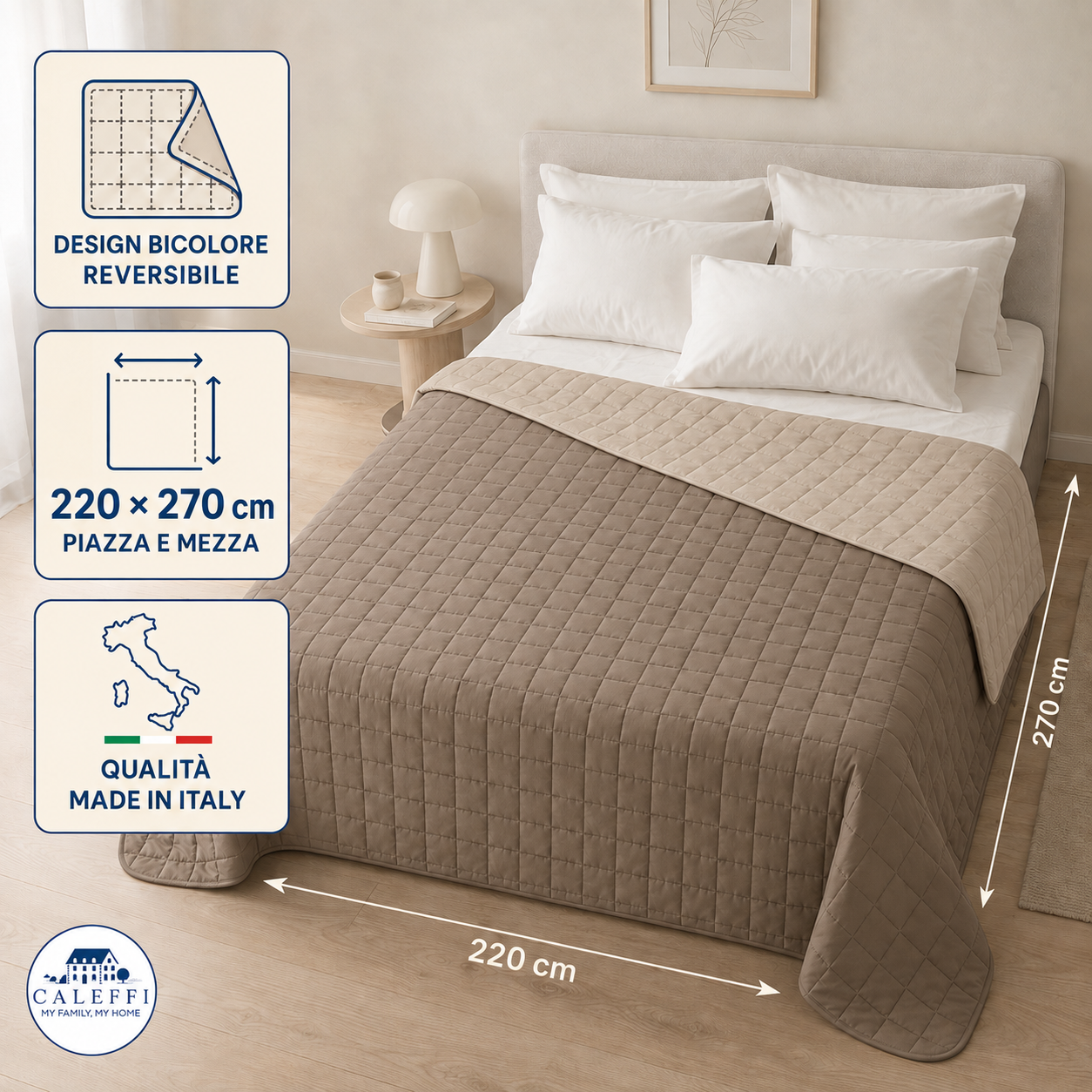 Copriletto Caleffi Modern tortora reversibile 220x270 cm Made in Italy