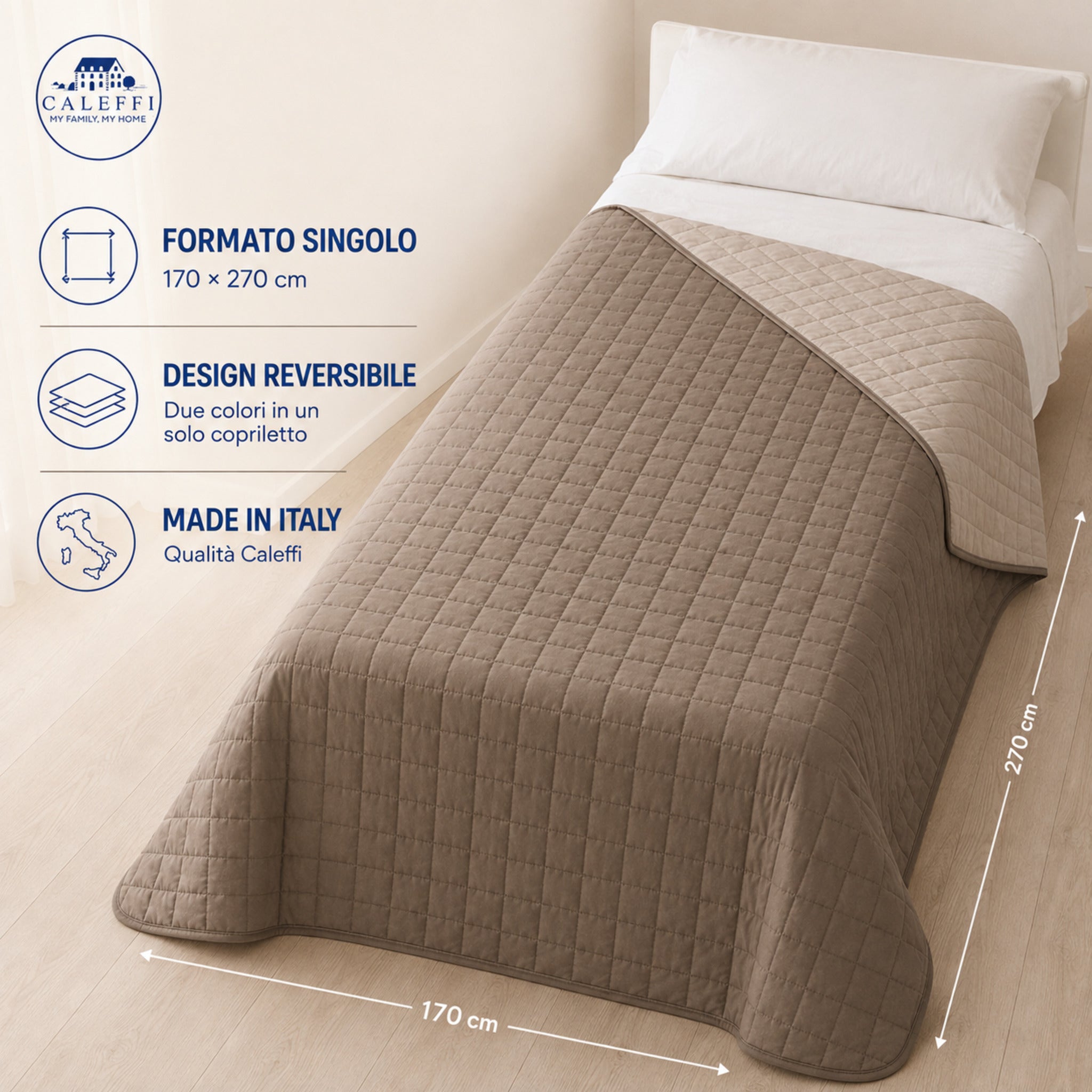 Copriletto singolo Caleffi Modern Tortora reversibile 170x270 cm Made in Italy