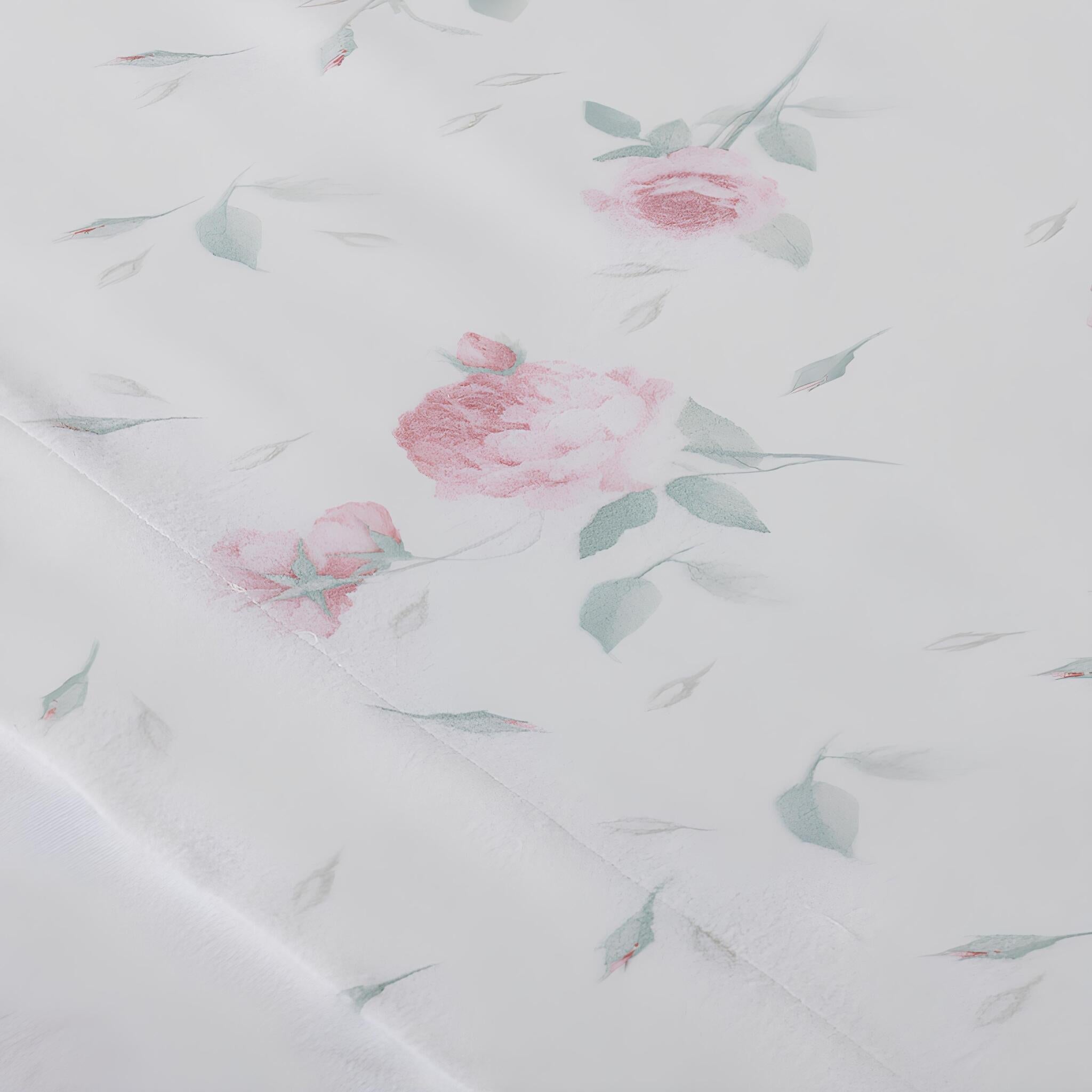 Dettaglio della flanella Caleffi Rosa con rose cipria e foglie verde salvia