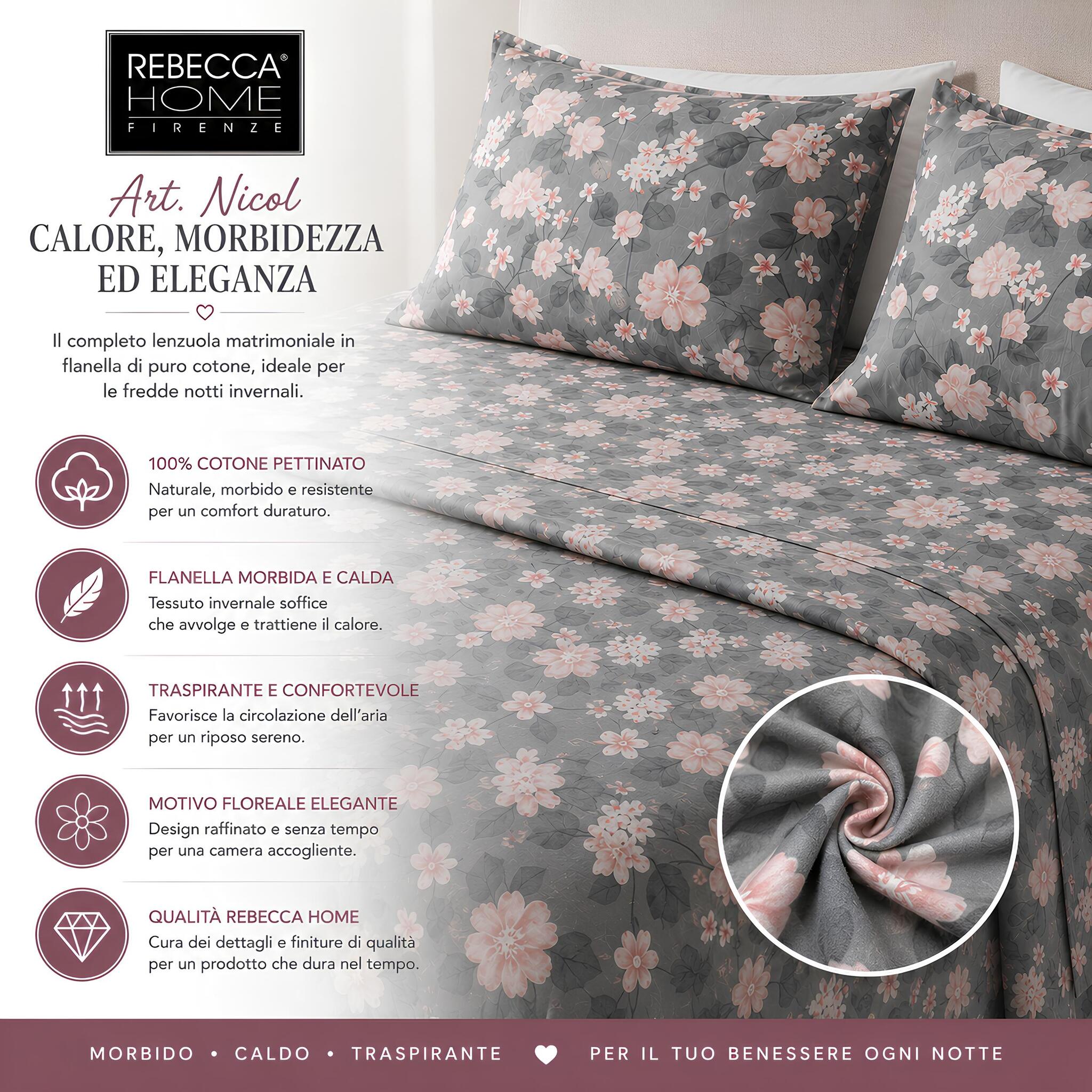 Caratteristiche del completo lenzuola matrimoniale Rebecca Home Nicol in flanella di cotone