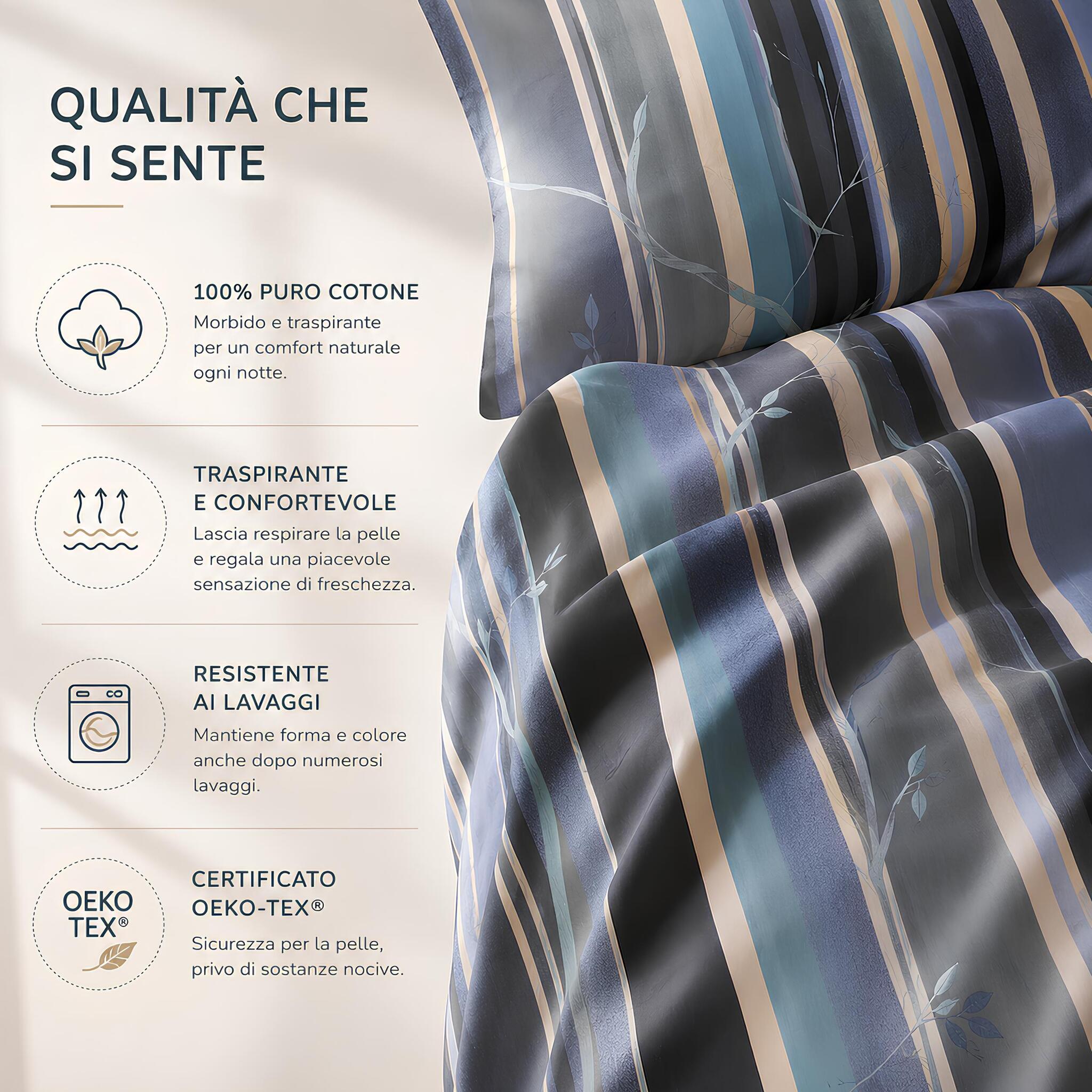 Caratteristiche del completo copripiumino matrimoniale Bassetti Grove blu in puro cotone certificato OEKO-TEX®