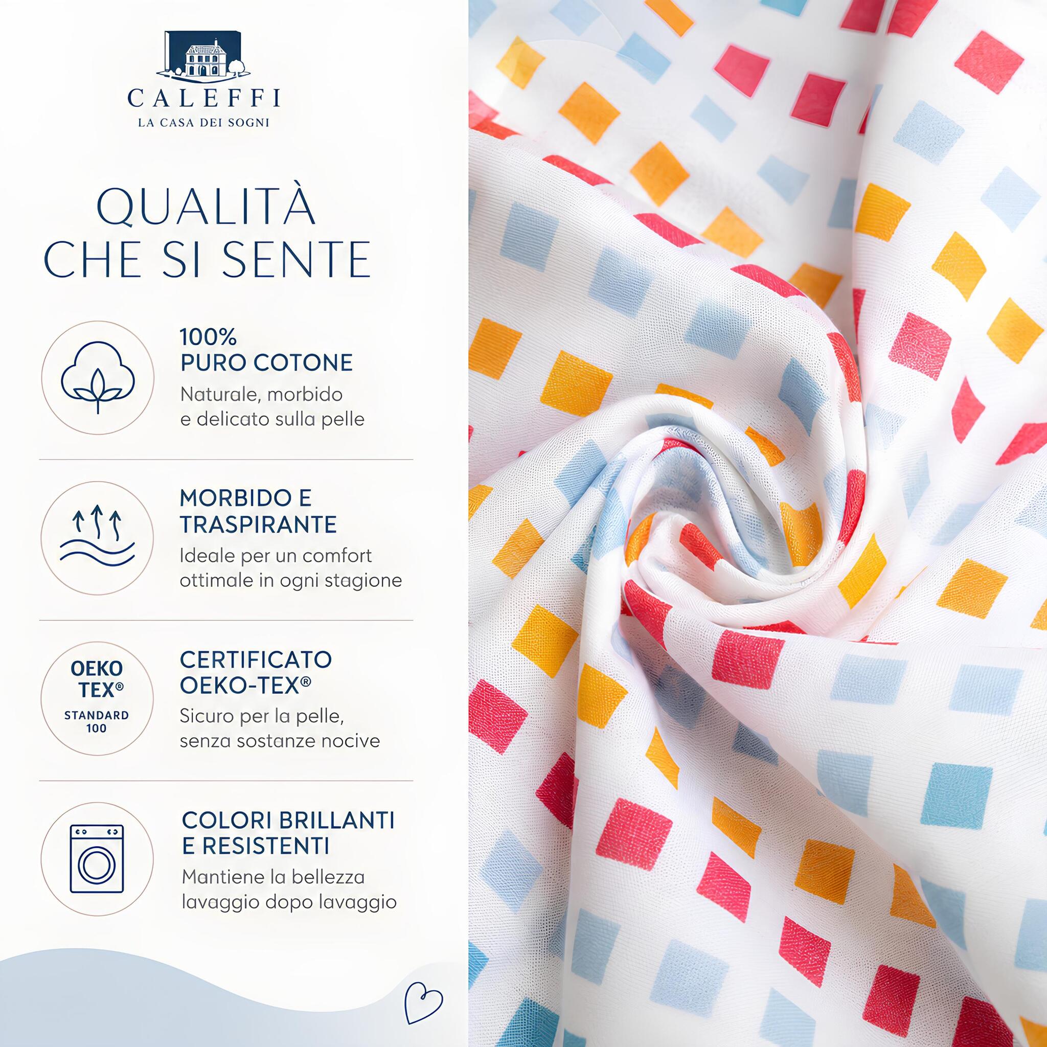 Infografica caratteristiche completo lenzuola Caleffi Toys azzurro in 100% cotone certificato Oeko-Tex